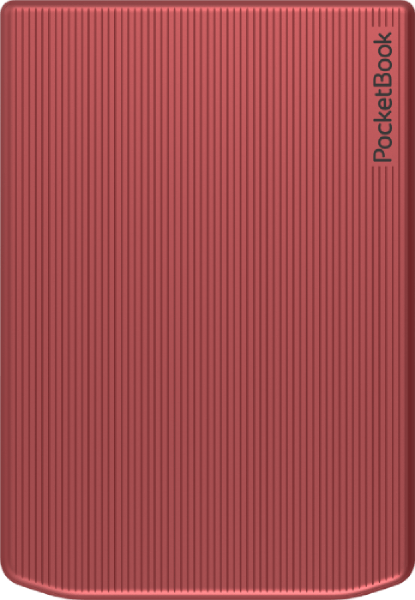 Un lector electrónico rojo acanalado con el logo de PocketBook en el lado derecho.