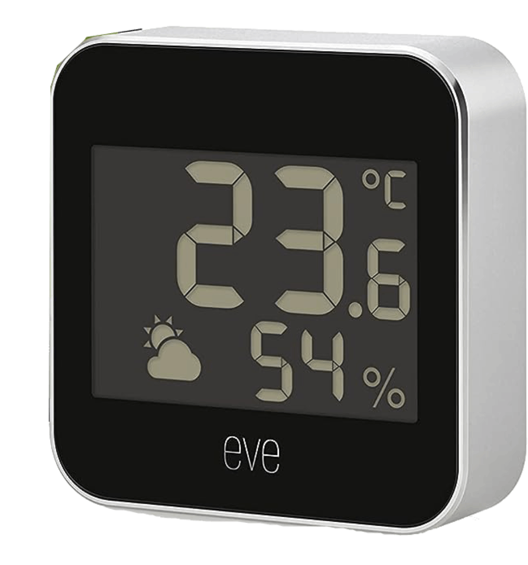 Pantalla digital con lecturas de temperatura y humedad, y el logotipo de eve.