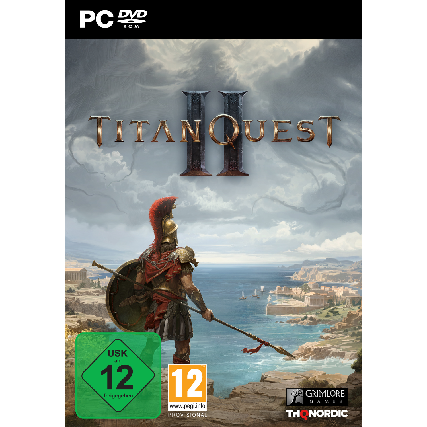 Gamecover voor 'Titan Quest II'. Een krijger vecht voor een kustlandschap.