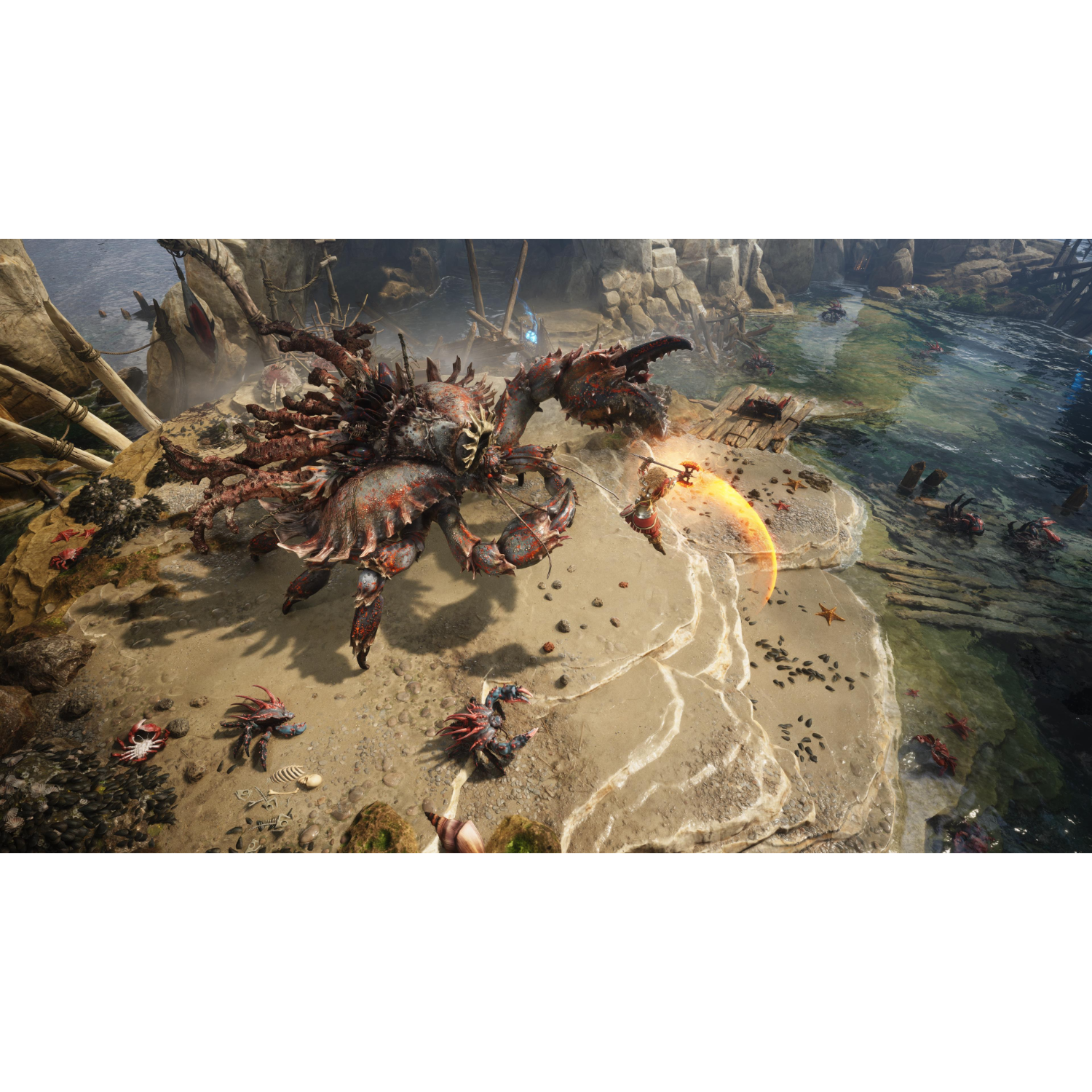 Een videogame scène met een gigantisch krabachtig monster dat vecht tegen een mensachtige figuur.