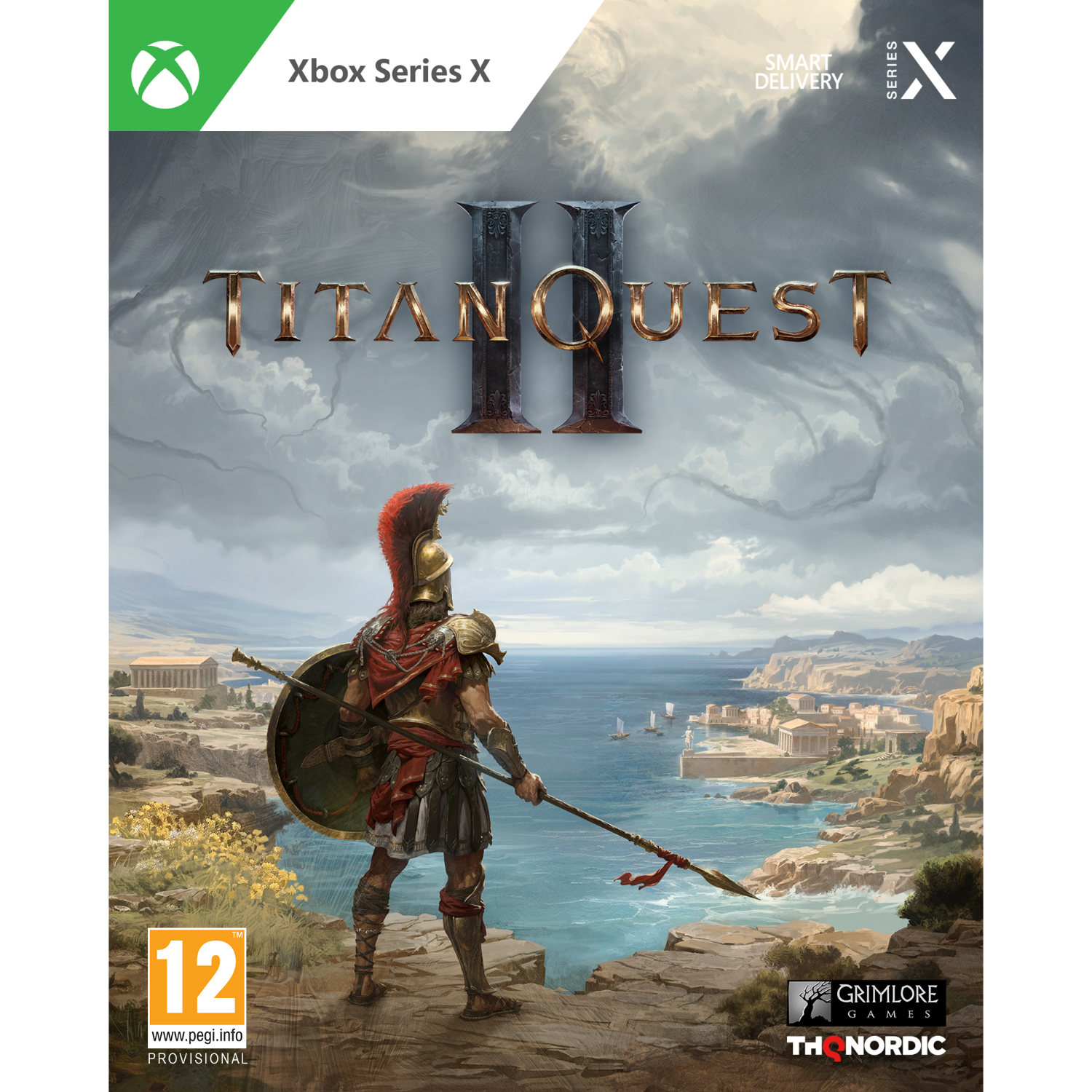 Xbox Series X gamebox voor 'Titan Quest II'. Toont een krijger op een klif, landschap op de achtergrond.
