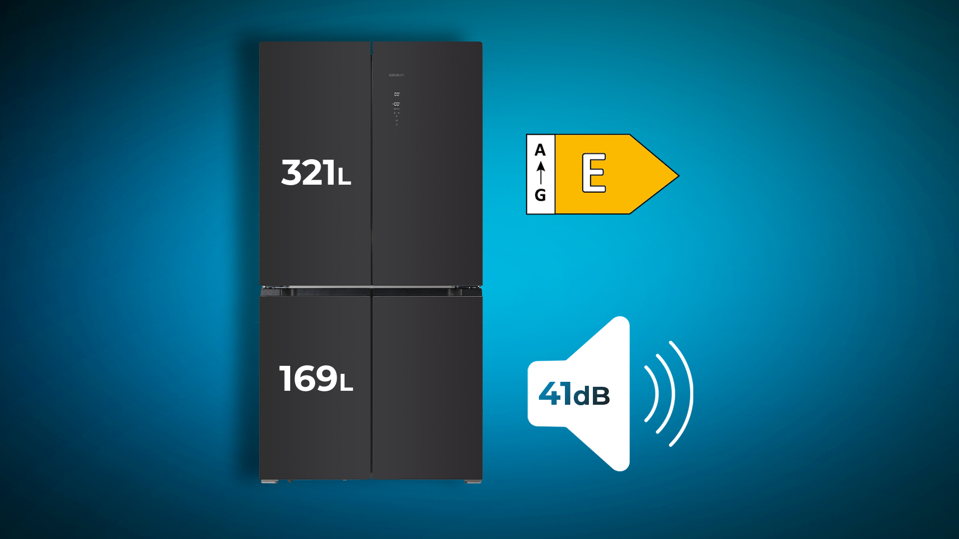Nevera negra con dos puertas. Capacidad 321L y 169L. Etiqueta energética E e icono de sonido 41dB.