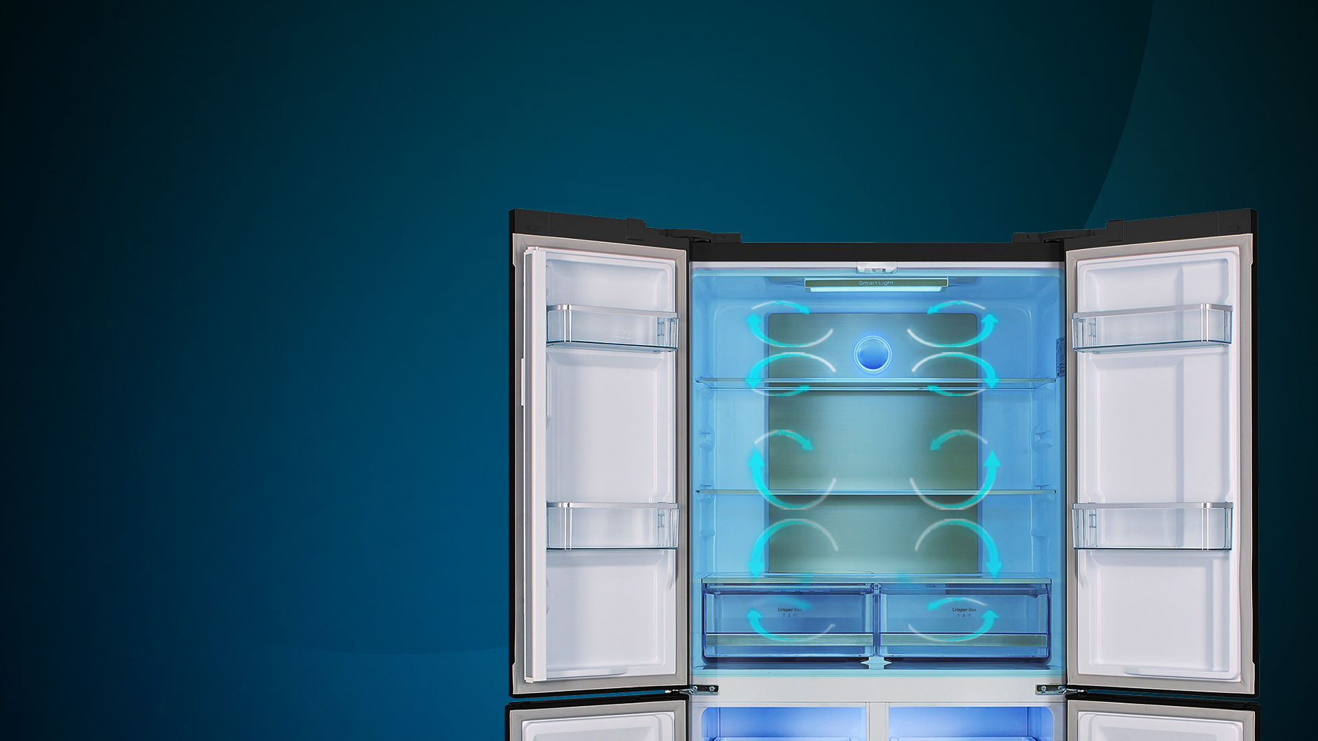 Un refrigerador abierto que muestra estantes y cajones con luz azul.