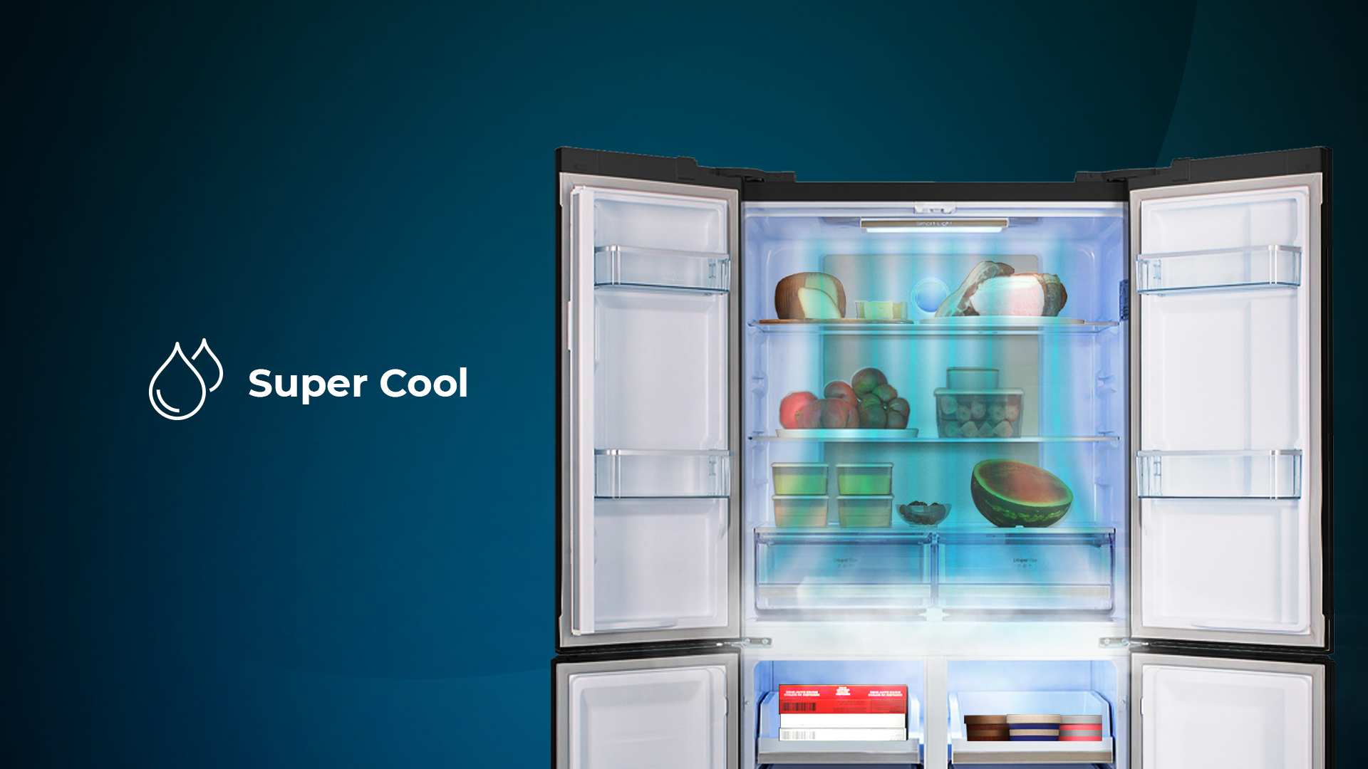 Refrigerador abierto con varios alimentos y las palabras “Super Cool” a la izquierda.