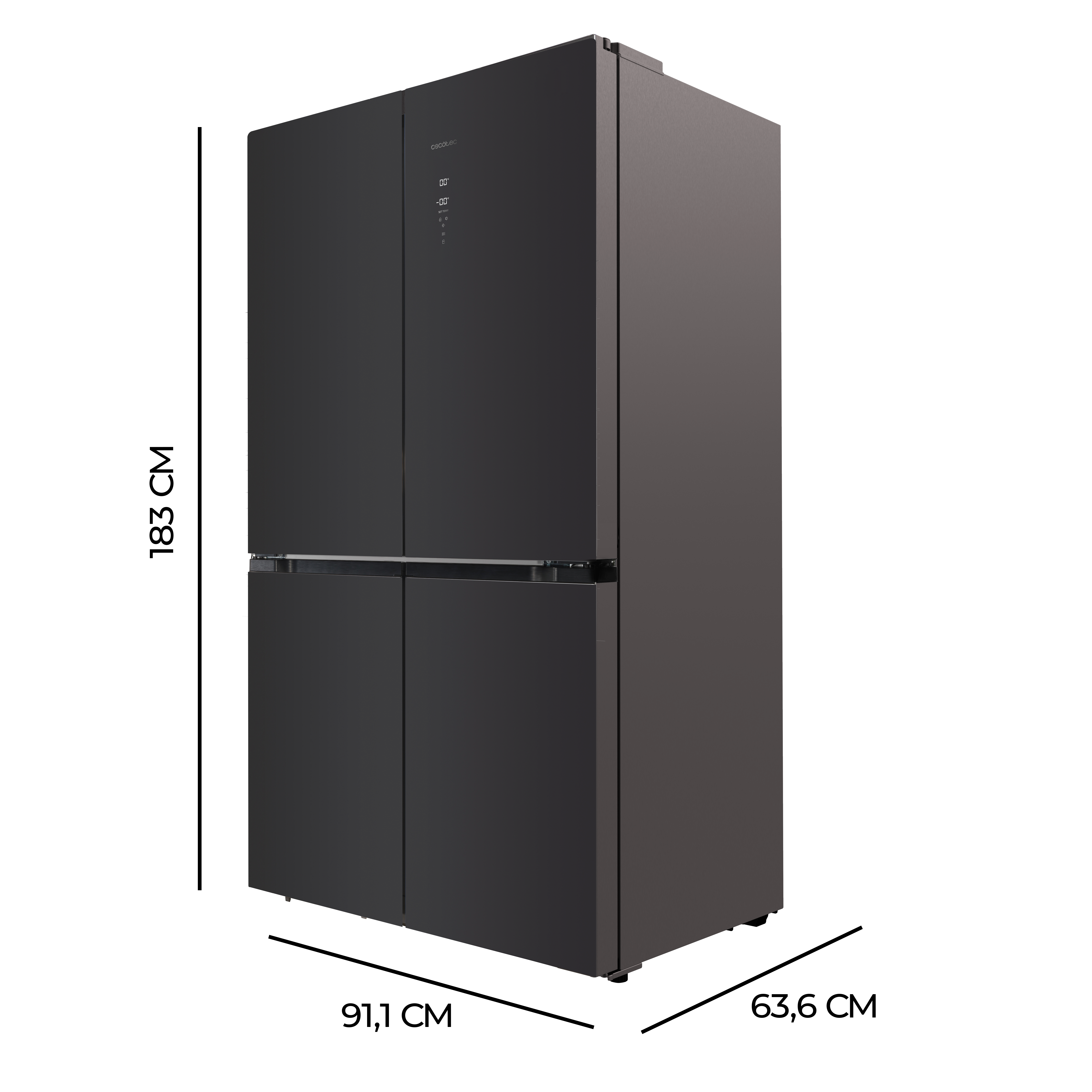 Refrigerador negro con cuatro puertas, dimensiones en cm en el lateral.