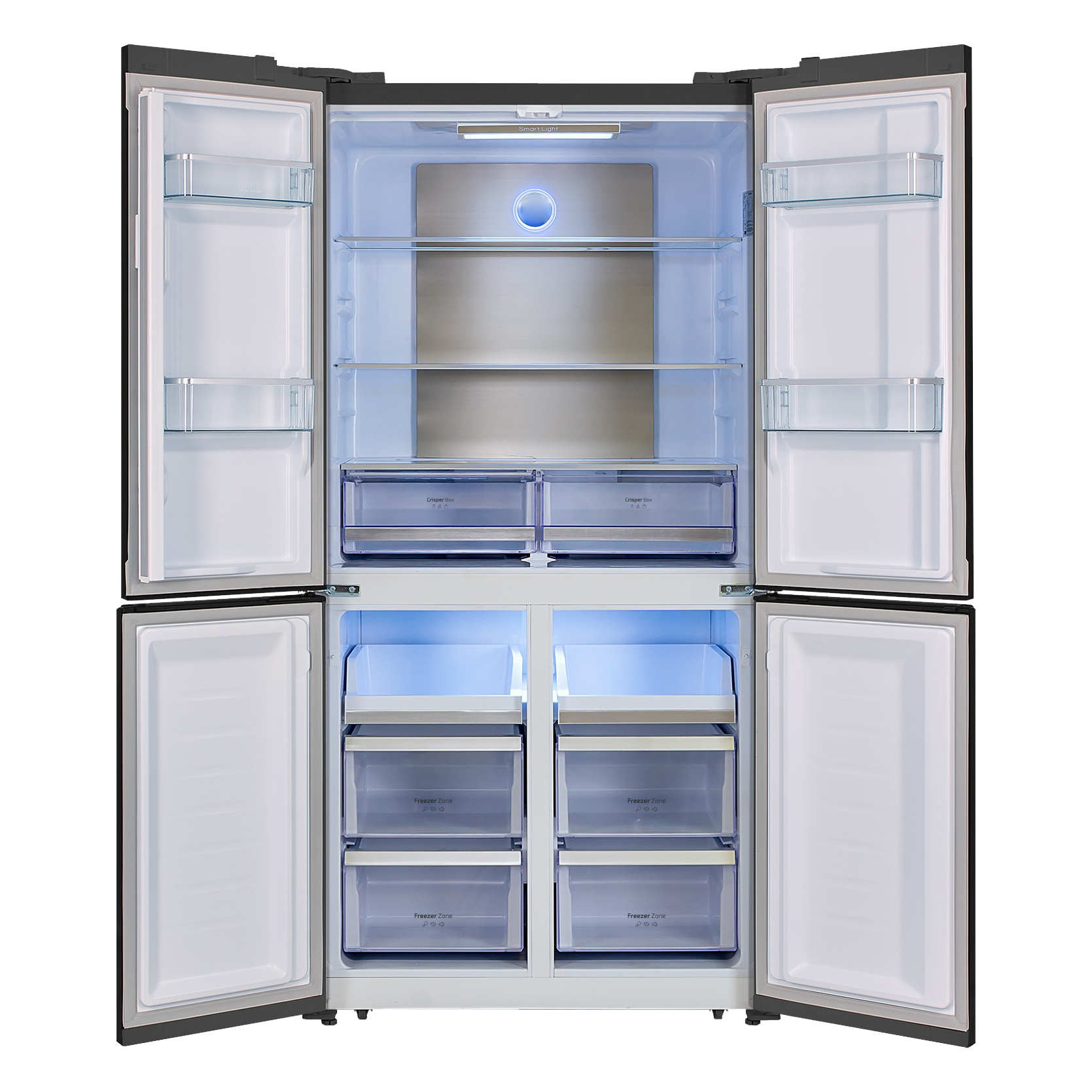 Un refrigerador grande con las puertas abiertas. Se ven estantes y cajones. El interior está iluminado.