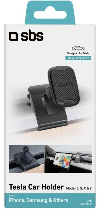 Czarny uchwyt samochodowy do samochodów Tesla, z telefonem i kilkoma banknotami euro z tyłu.