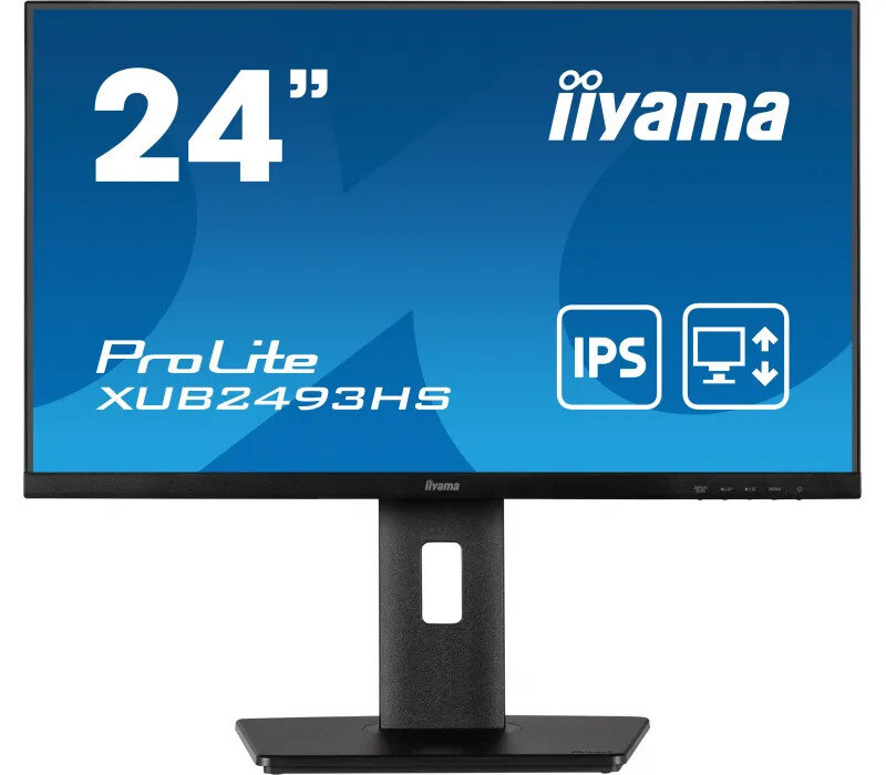 24-calowy monitor komputerowy z czarną podstawą i niebieskim ekranem. Marka to Iiyama.