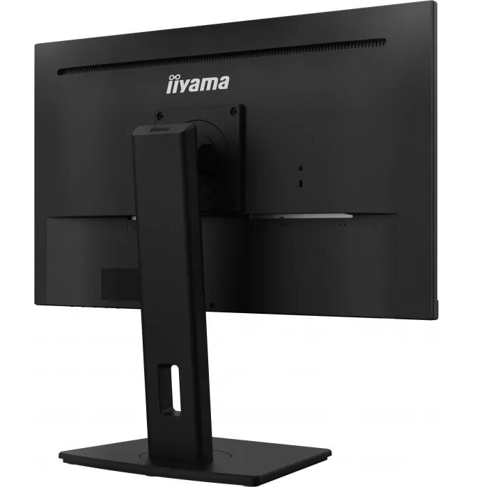 Tył czarnego monitora komputerowego ze stojakiem.