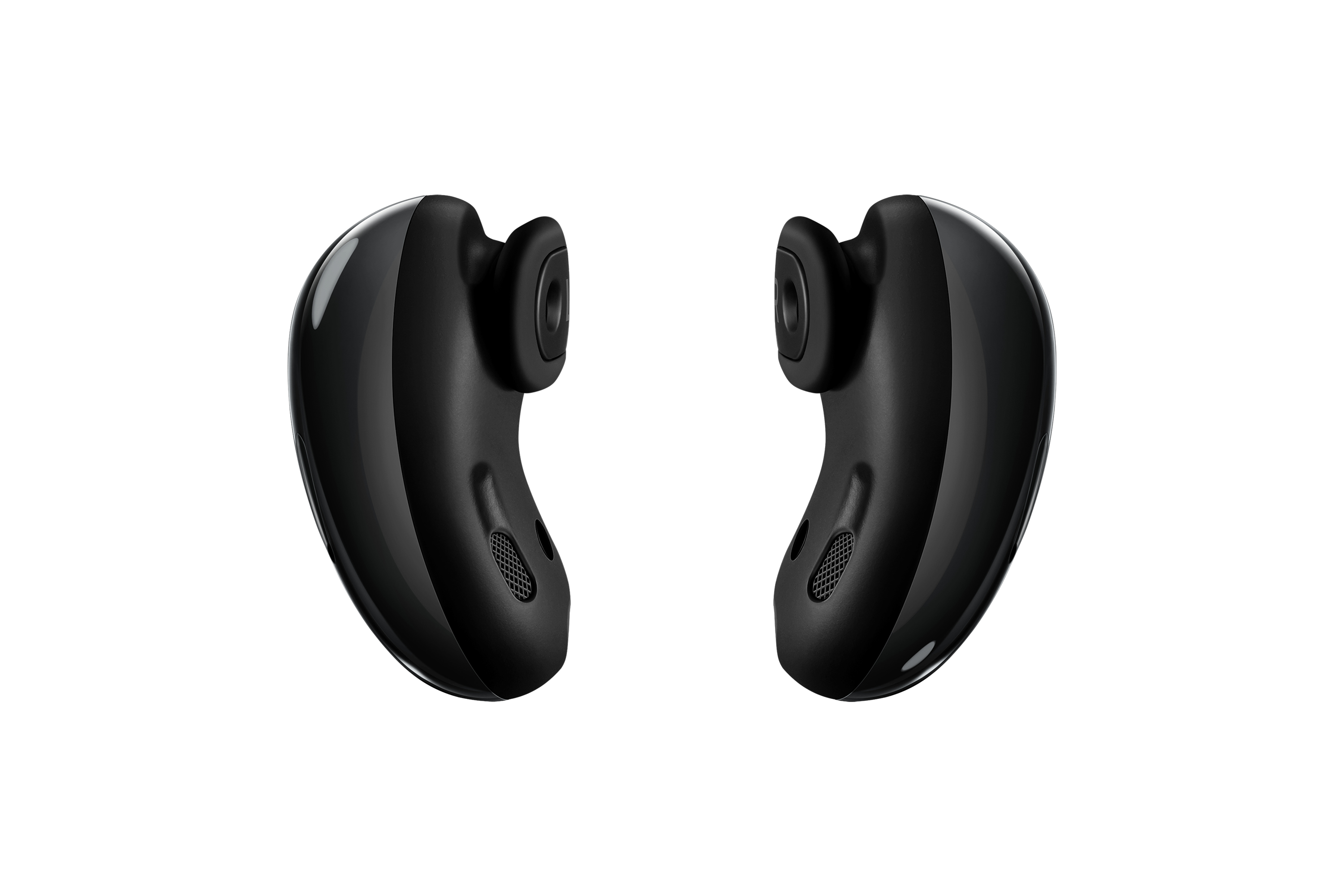 Dos auriculares inalámbricos negros, aislados sobre fondo blanco.