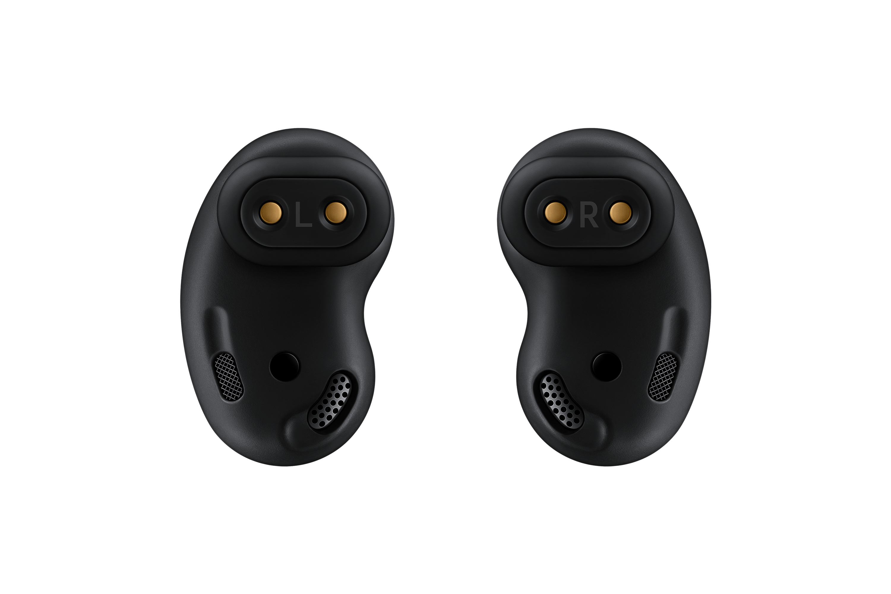 Dos auriculares inalámbricos negros con marcas L y R, sobre una superficie blanca.