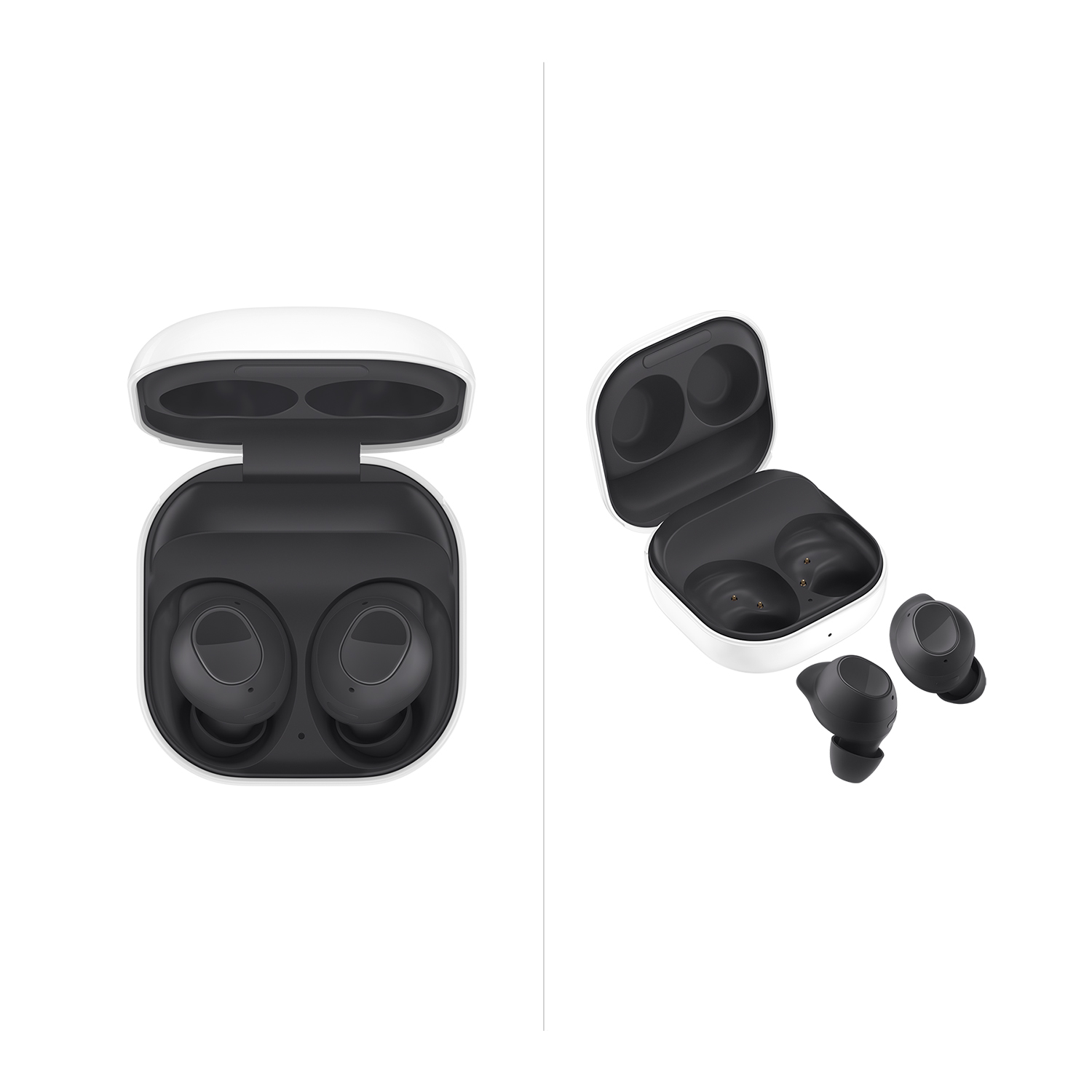 Dos imágenes de auriculares inalámbricos negros en un estuche de carga blanco. Auriculares también separados.