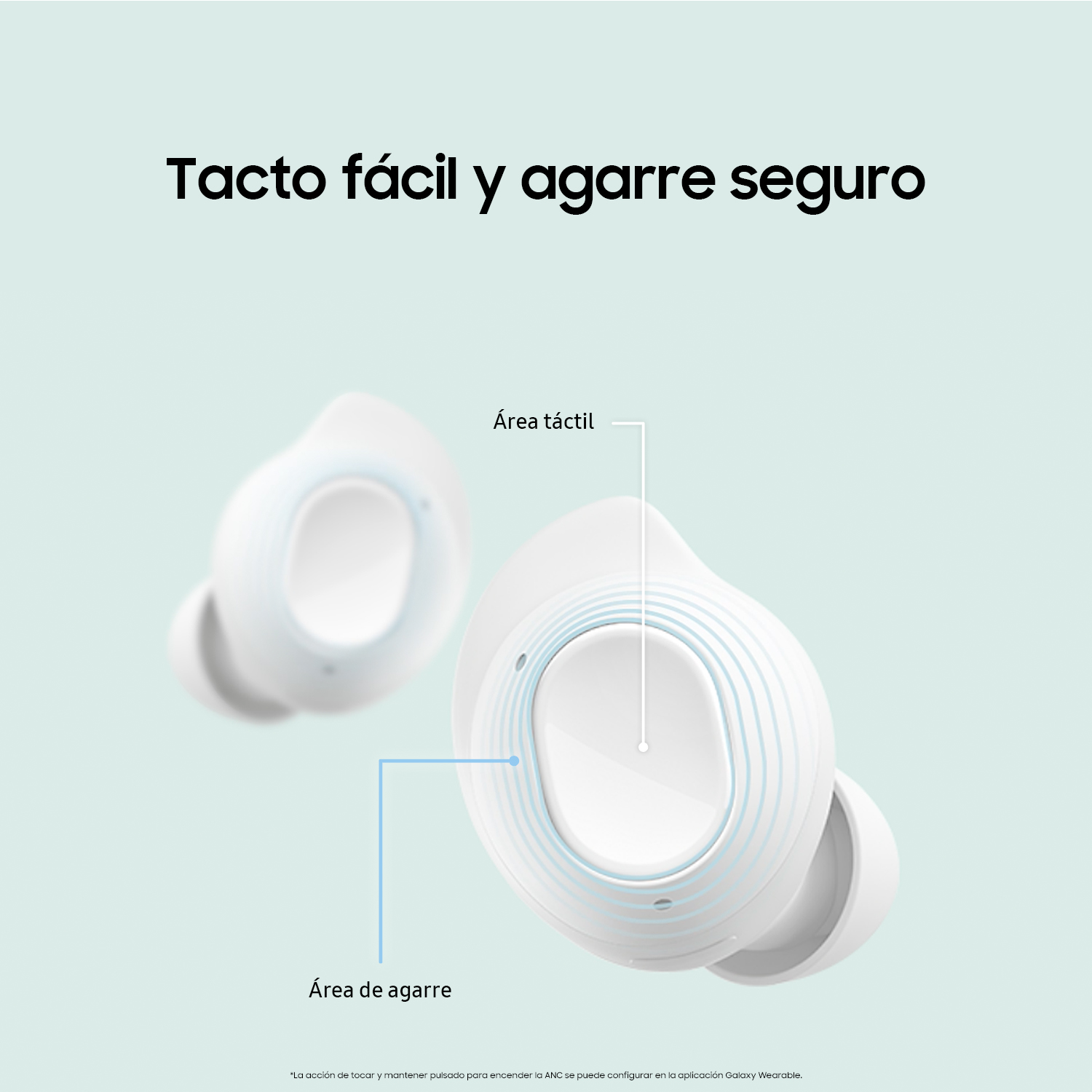 Auriculares blancos con áreas táctiles y área de agarre azul, con texto.