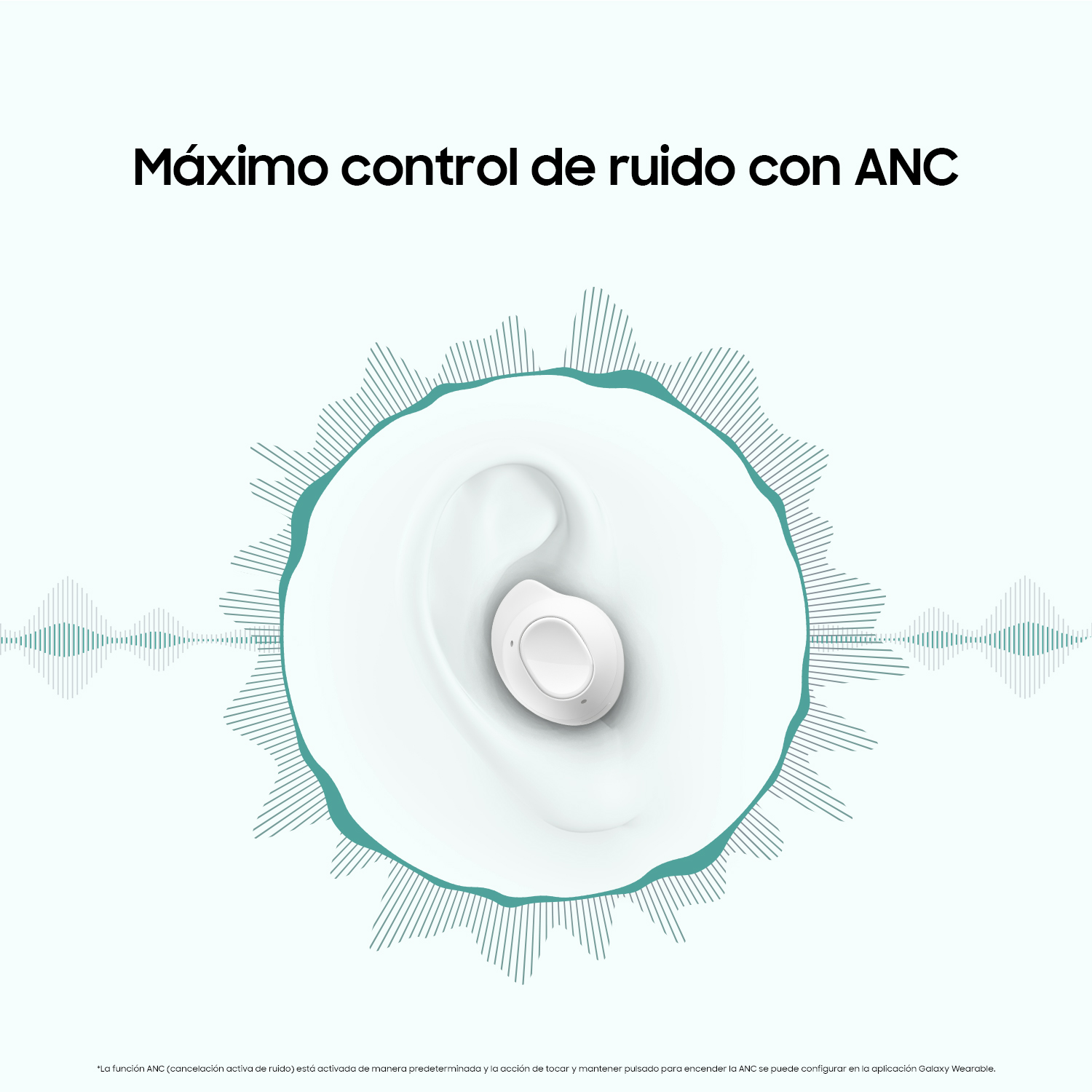 Auricular en la oreja con ondas de sonido alrededor, texto en la imagen.