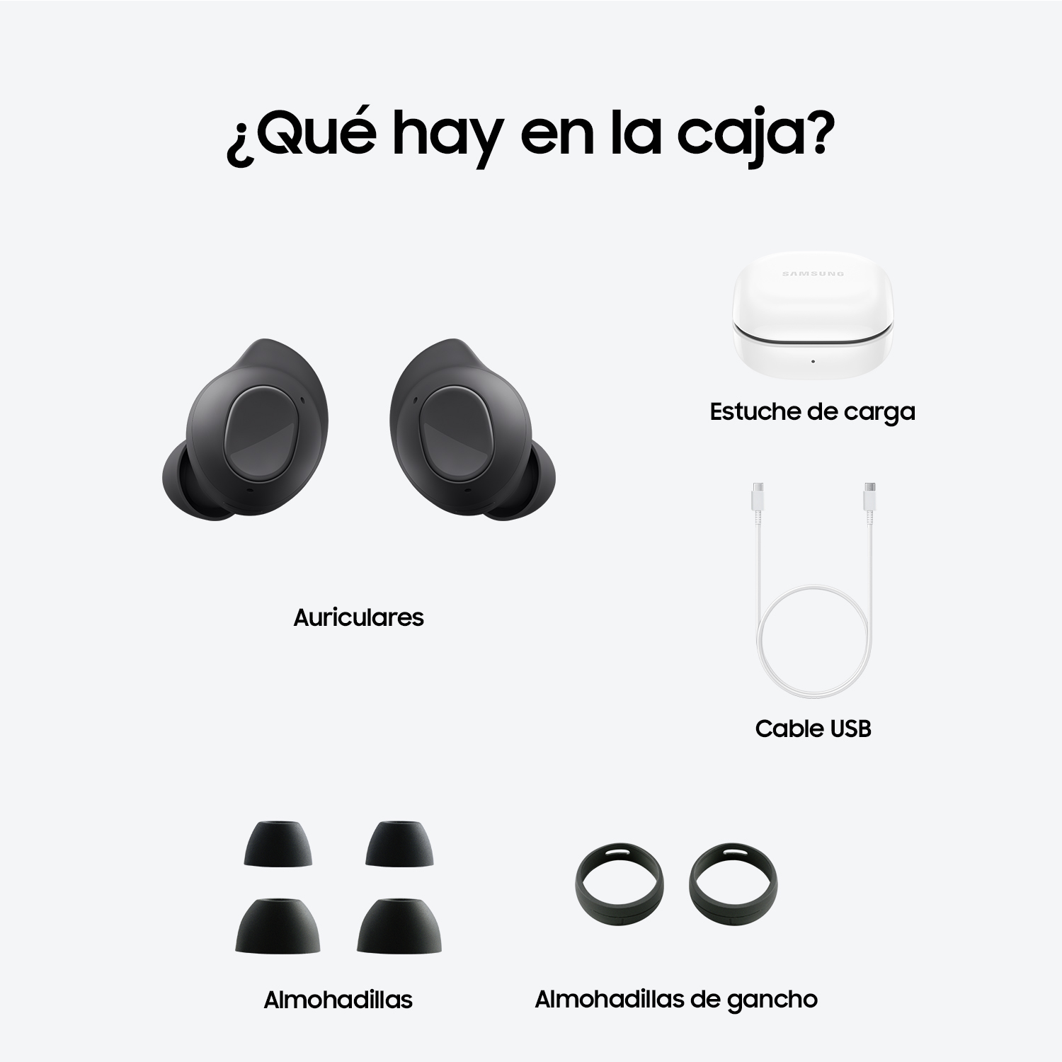 Presentación del contenido de una caja, incluidos auriculares y estuche de carga.