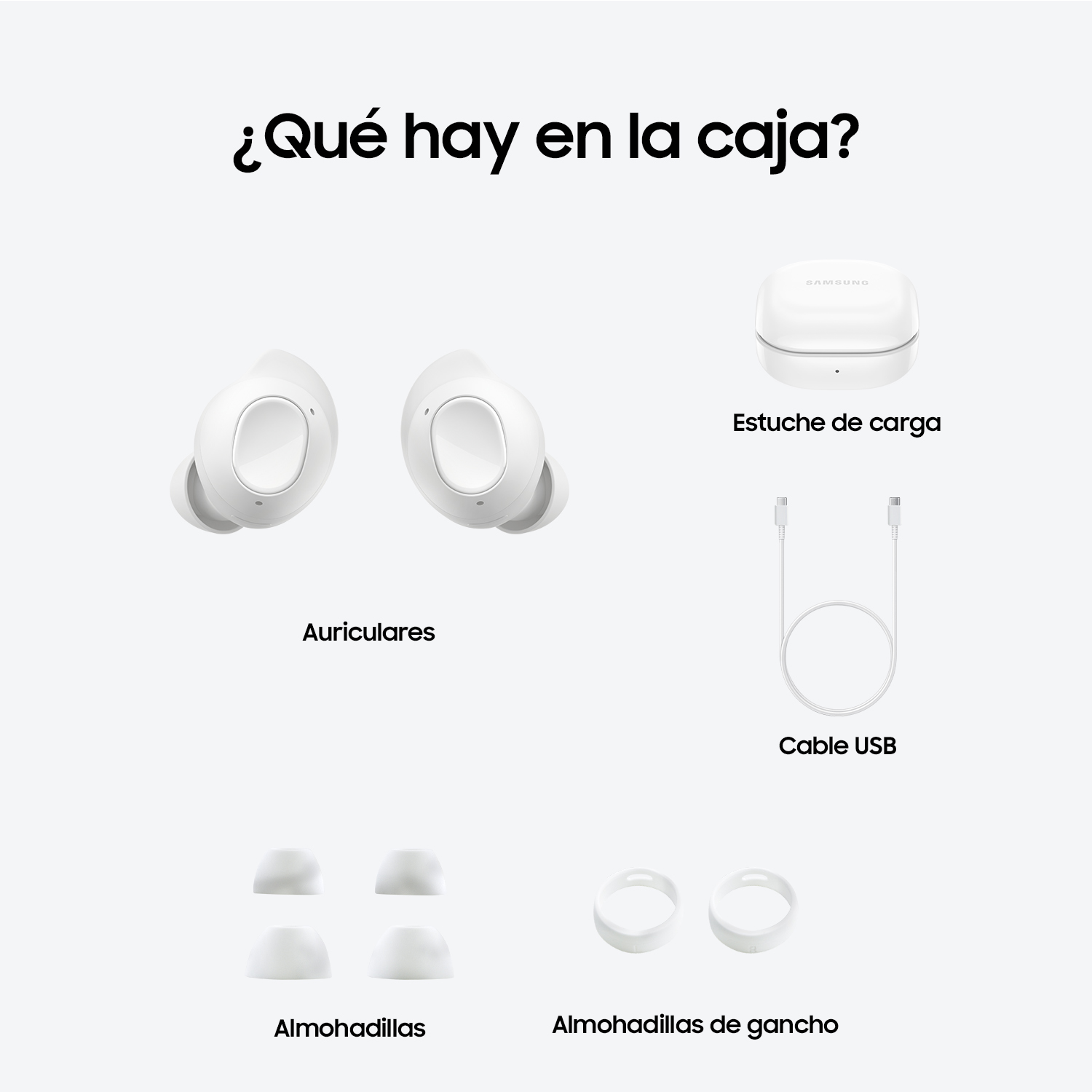 Auriculares, estuche de carga y accesorios en blanco.