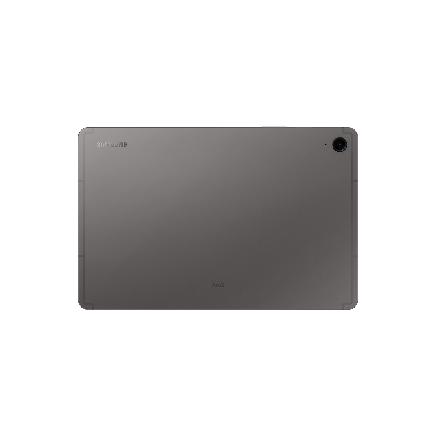 Tableta Samsung gris, vista trasera, con cámara y logotipo AKG. Fondo blanco.