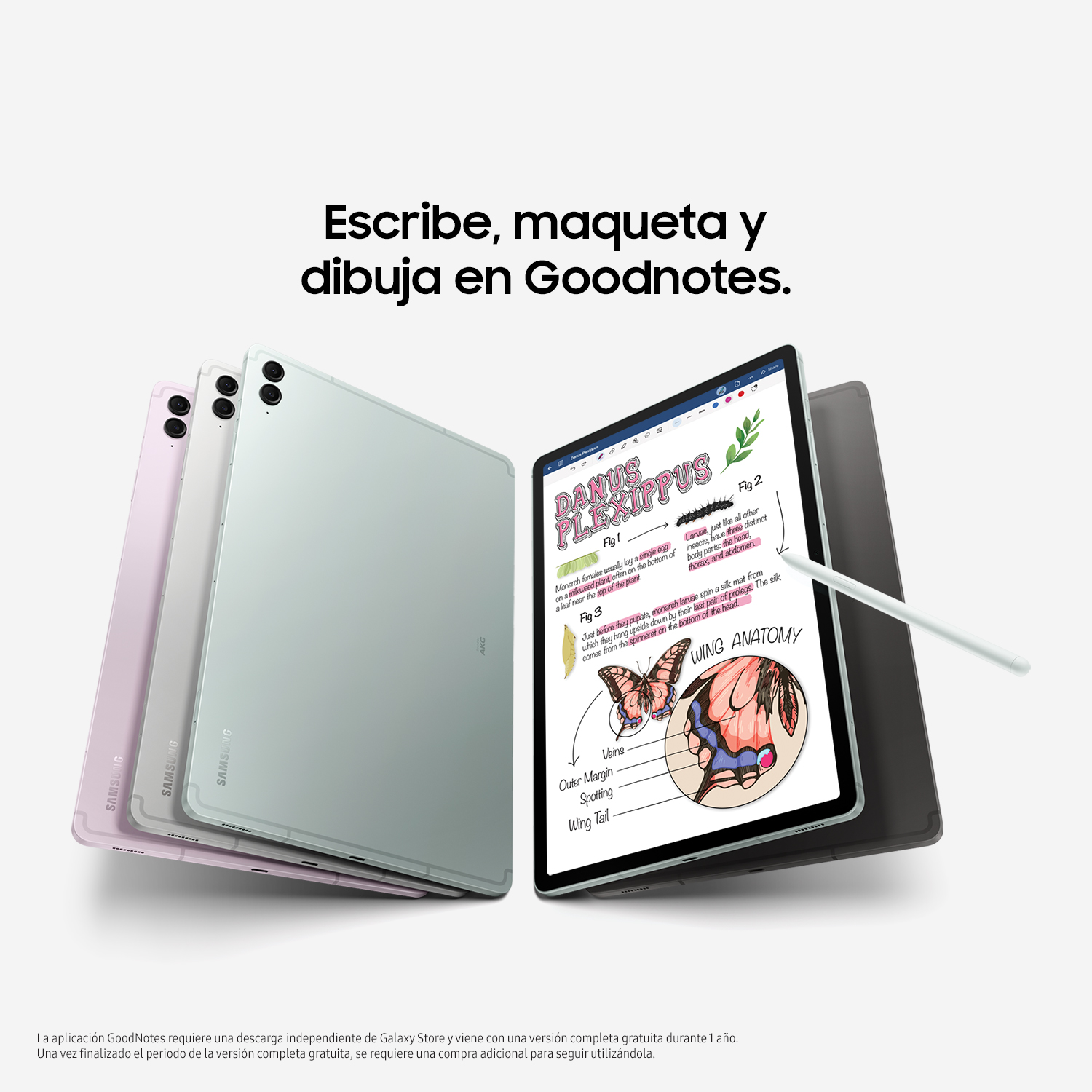 Tres tabletas con un lápiz óptico, una muestra un dibujo de una mariposa. Texto en español arriba.