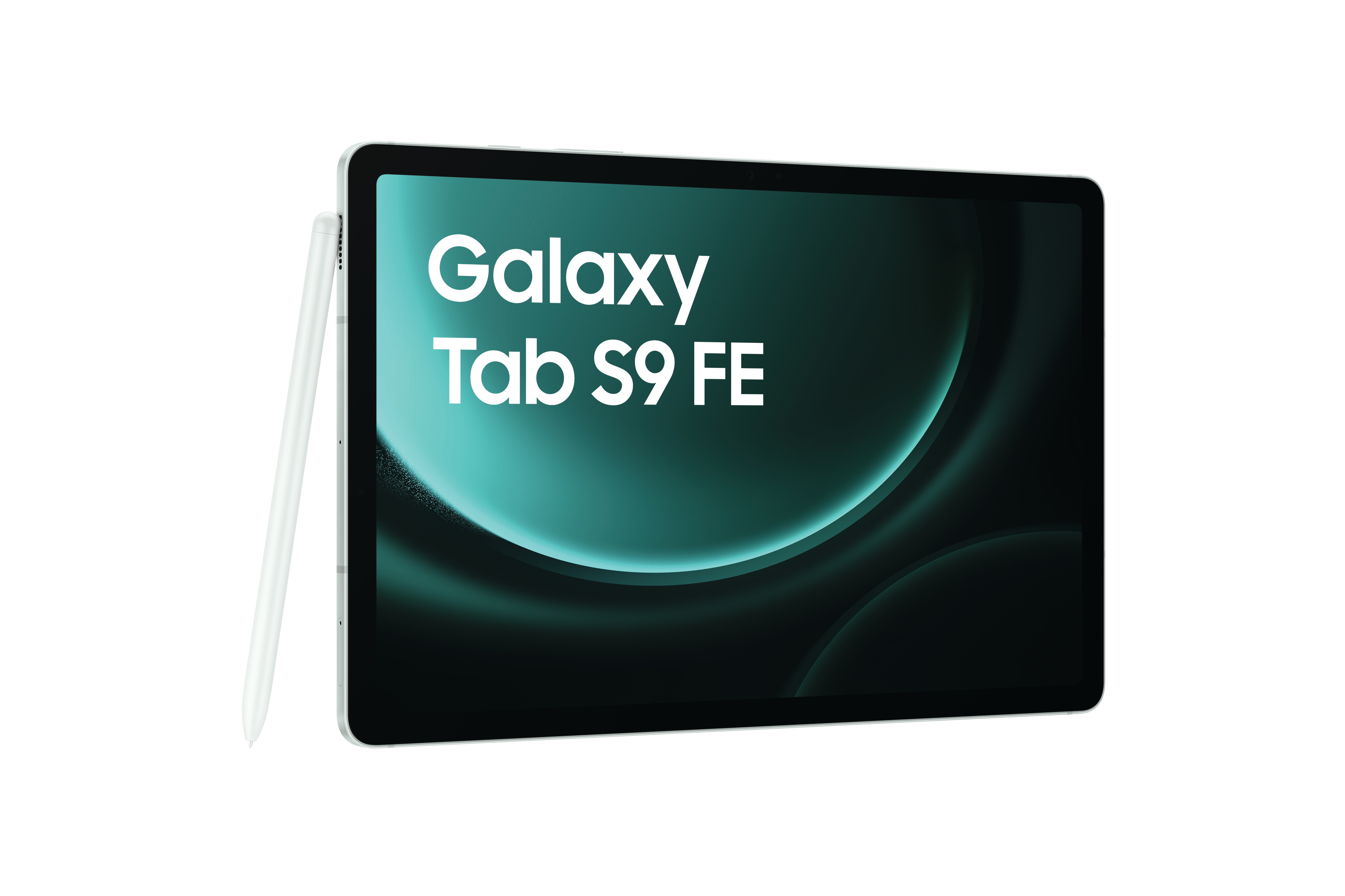 Ein schwarzes Tablet mit einem Stift. Der Bildschirm zeigt den Text „Galaxy Tab S9 FE“ in weißen Buchstaben.