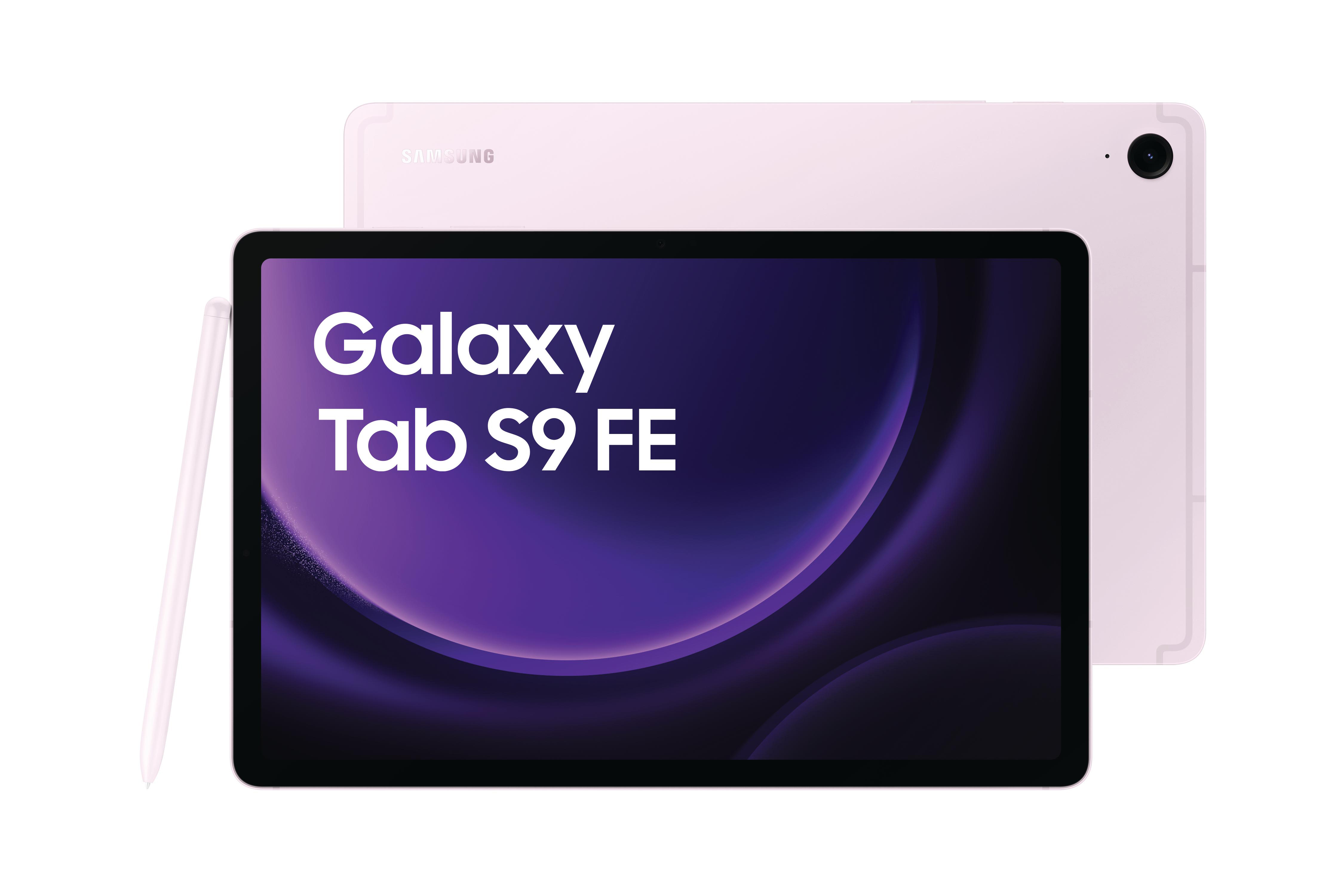 Ein Tablet mit Stift. Das Tablet hat den Text 'Galaxy Tab S9 FE' auf dem Bildschirm.