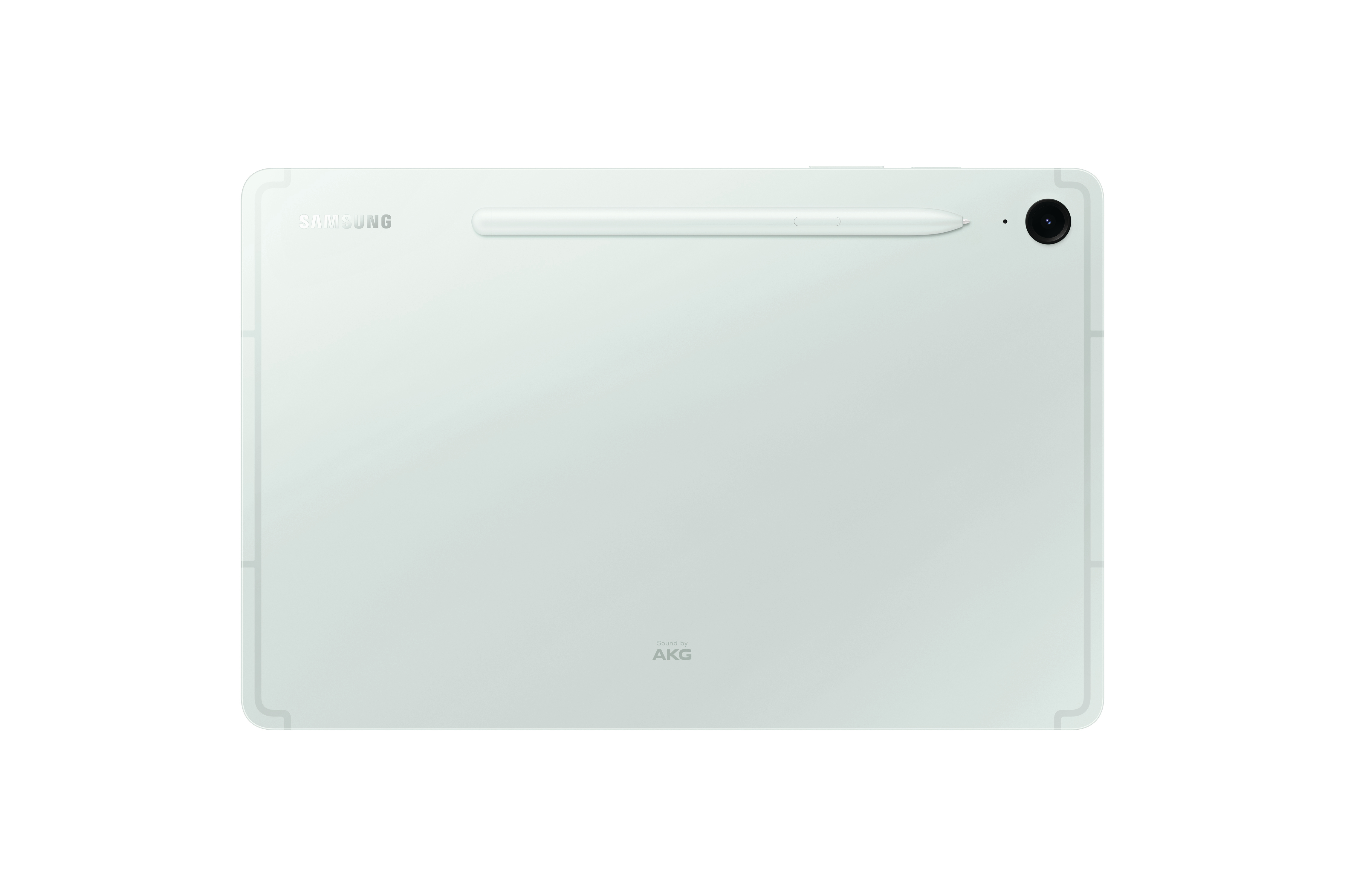 Weißes Tablet mit Stift. Samsung-Logo und AKG-Branding sichtbar.