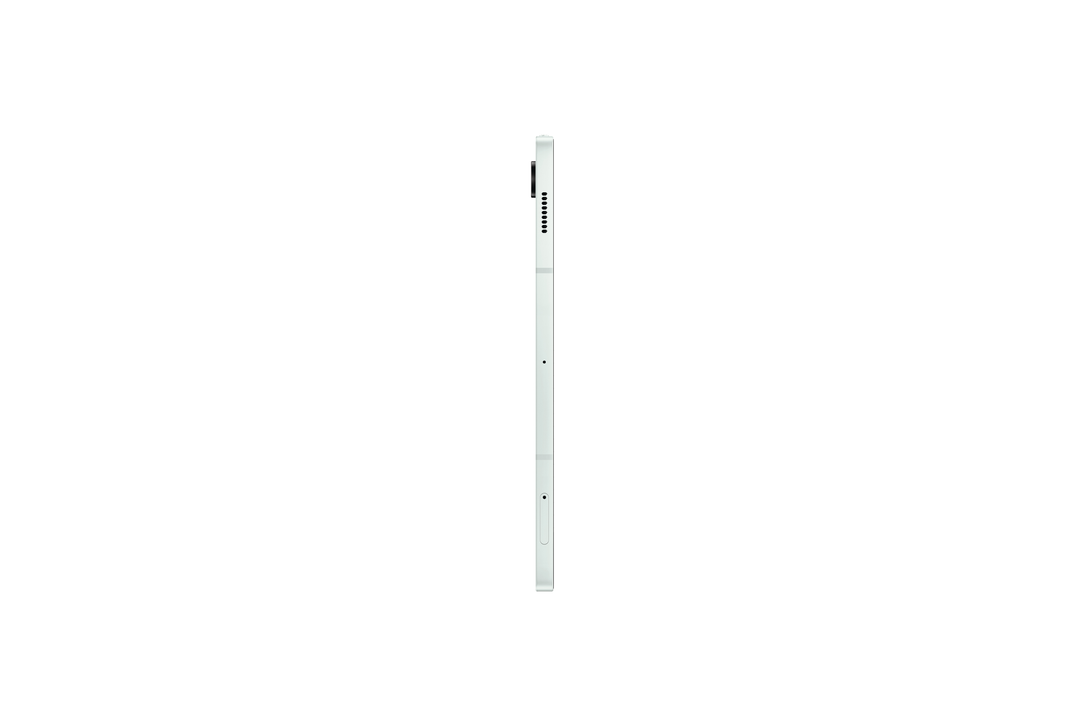 Seitenansicht eines weißen Tablets. Das Gerät befindet sich auf weißem Hintergrund. Minimalistischer Stil.