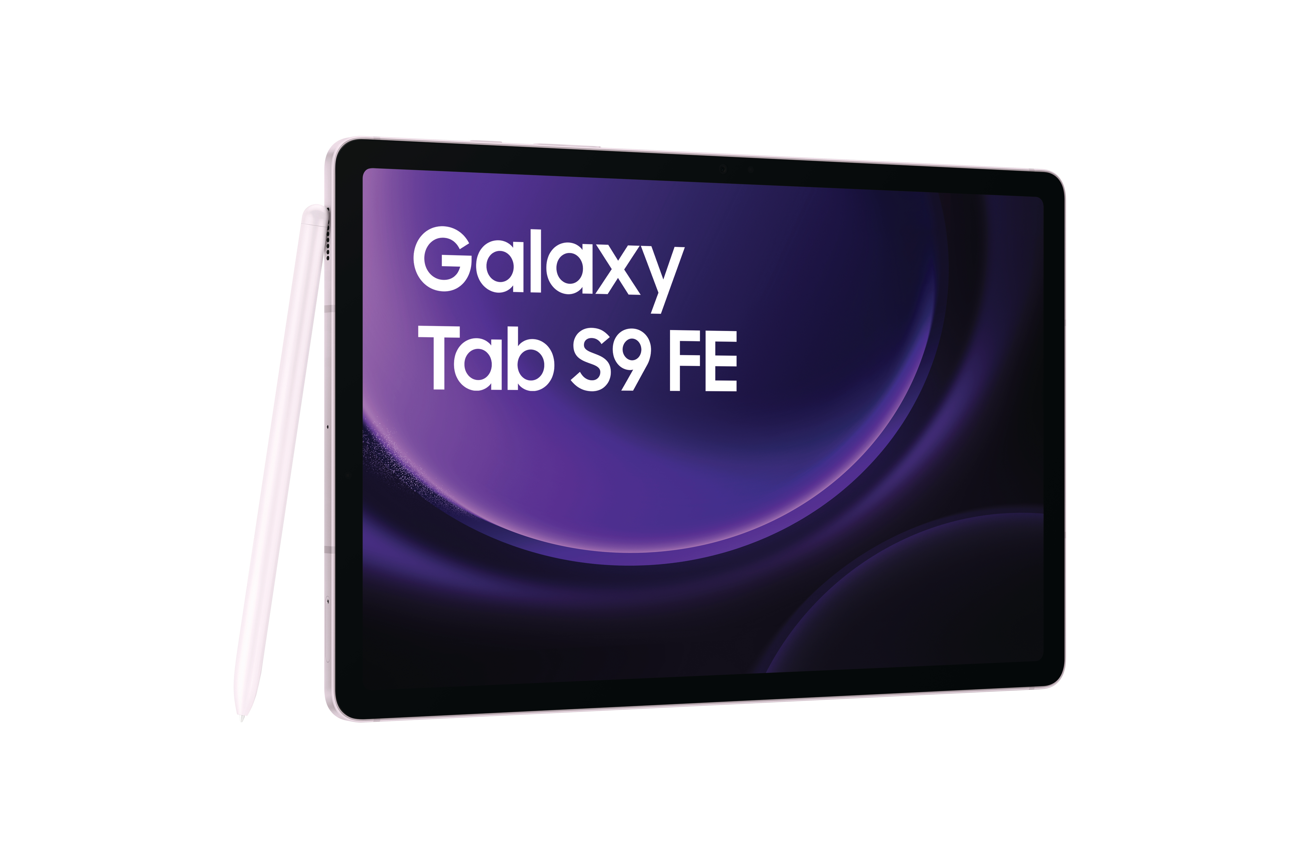 Weißes Samsung Galaxy Tab S9 FE Tablet mit pinkem Stift.