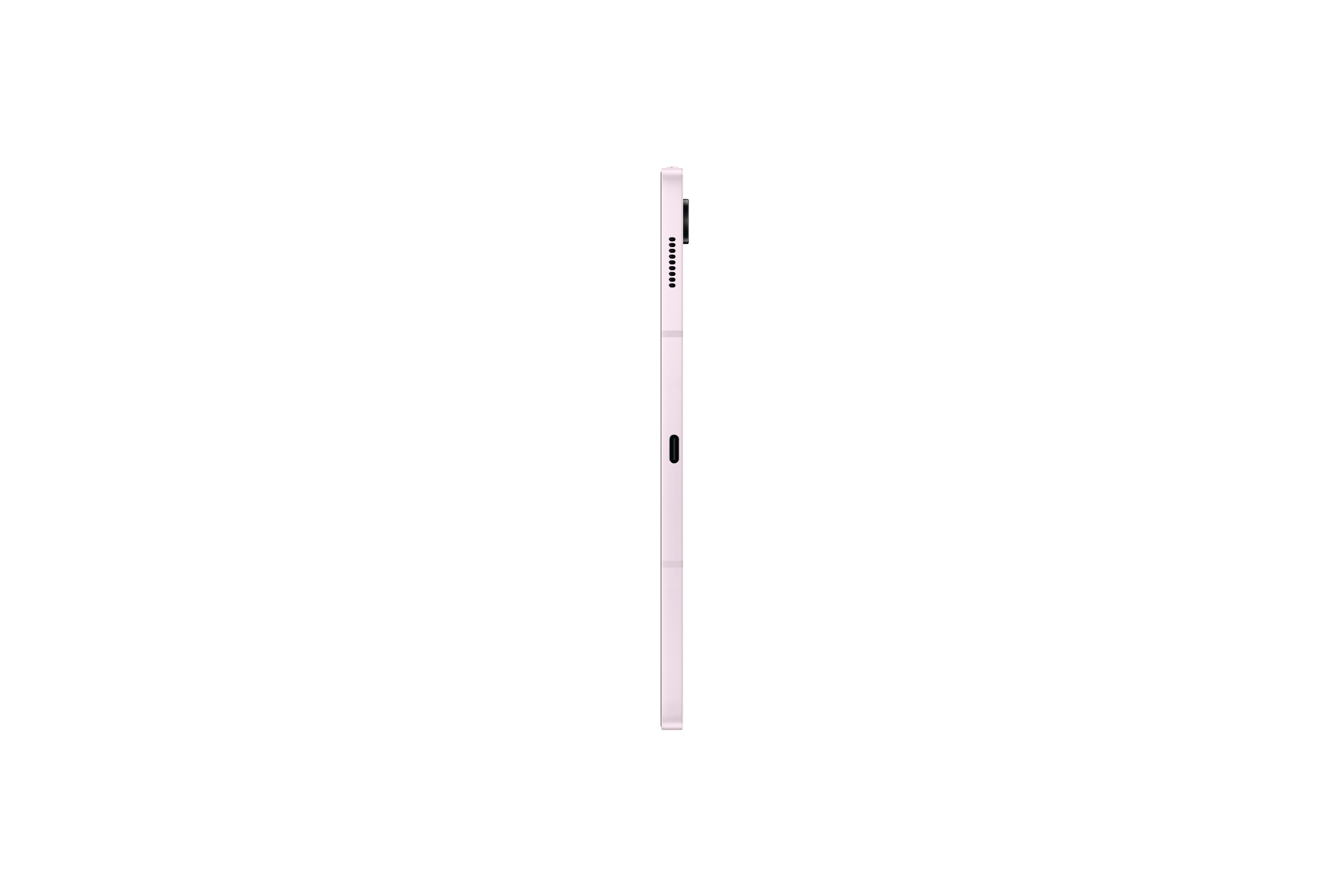 Seitenansicht eines rosa Tablets. Es hat eine Kamera und einen Ladeanschluss.
