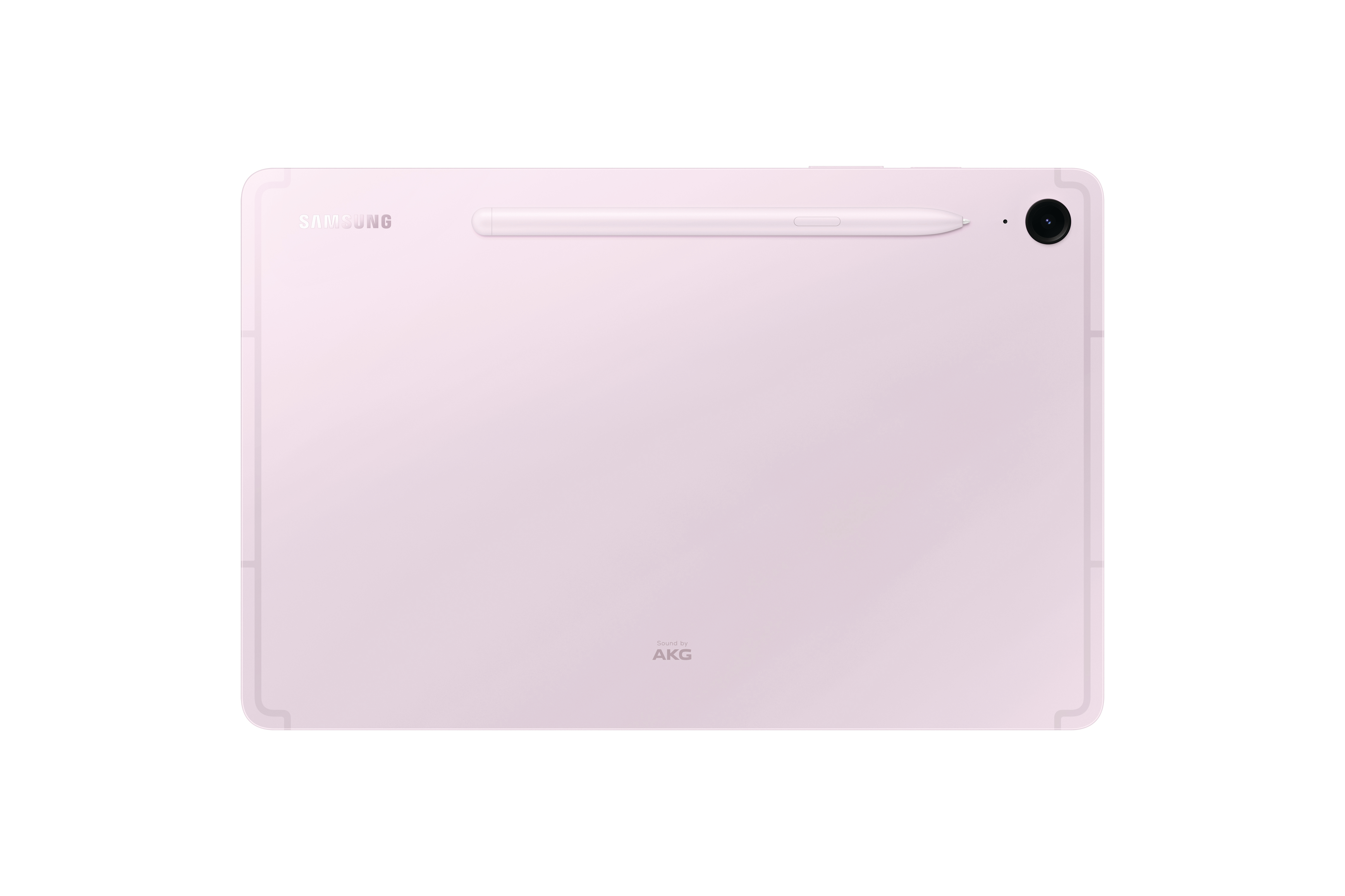 Rosa Samsung Tablet mit Stift. Rückansicht, Samsung Logo, Kamera seitlich.