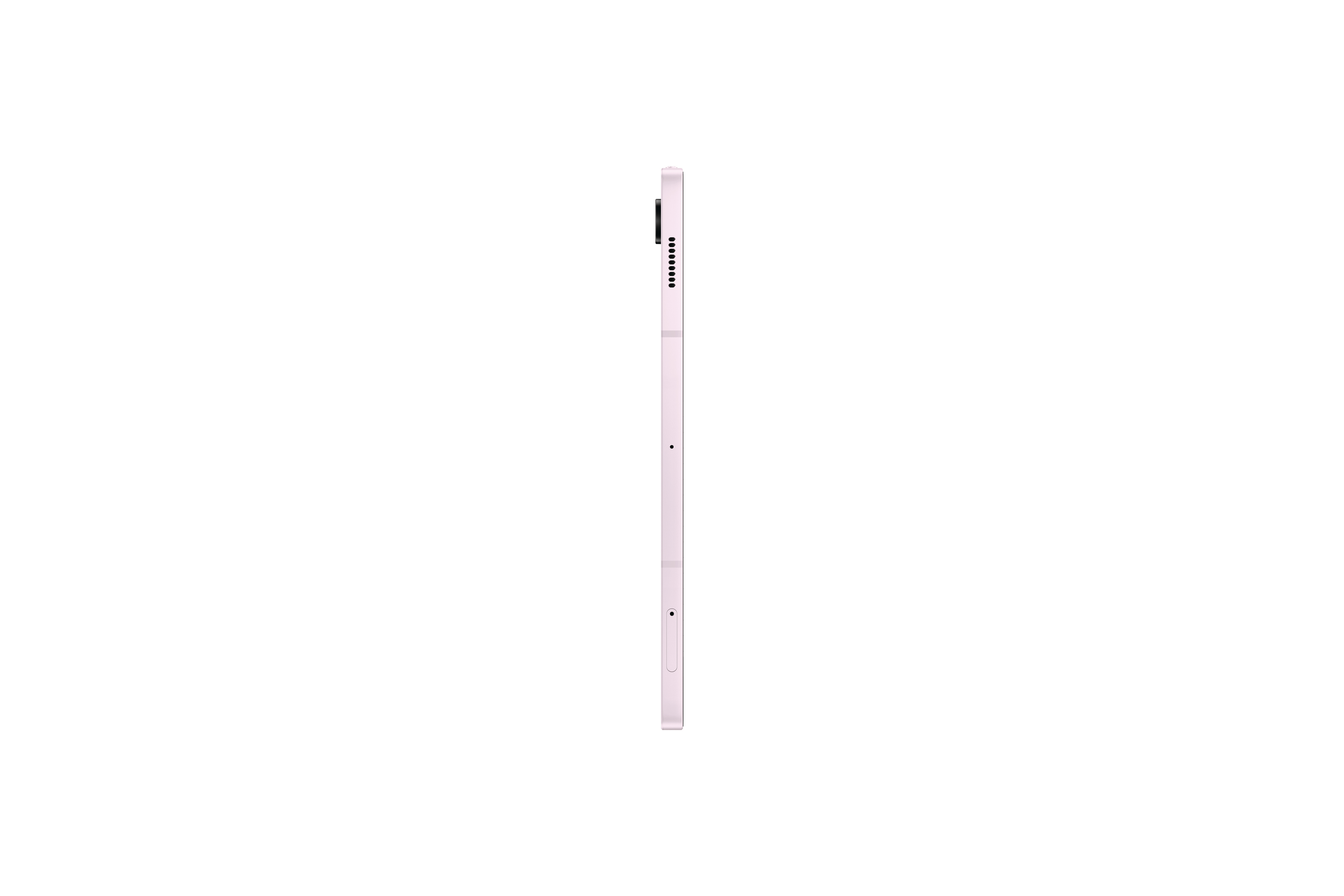 Pinkes Tablet Seitenansicht, schlankes Design. Weißer Hintergrund.