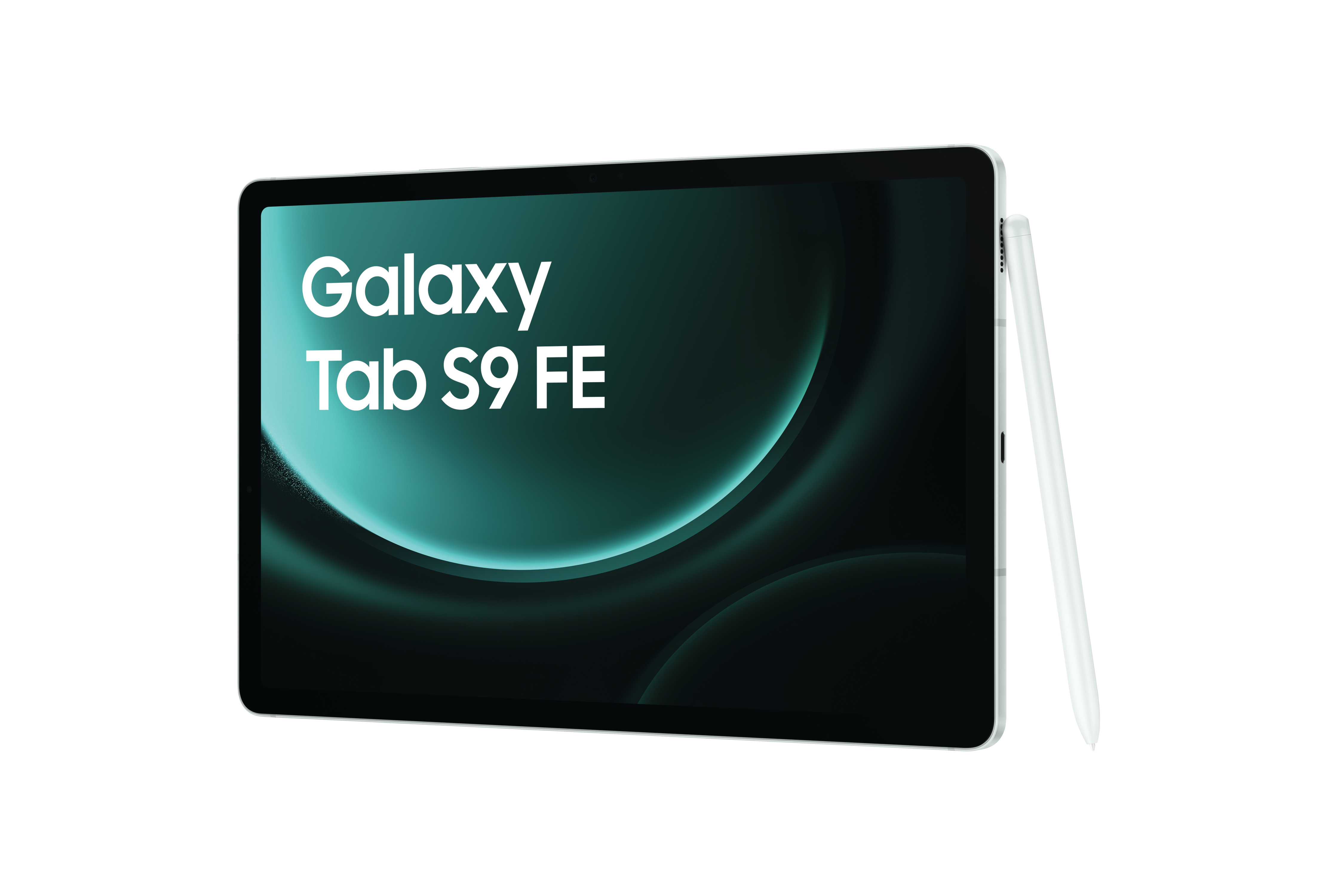Weißes Tablet mit Stift und Bildschirm mit 'Galaxy Tab S9 FE' auf weißem Grund.