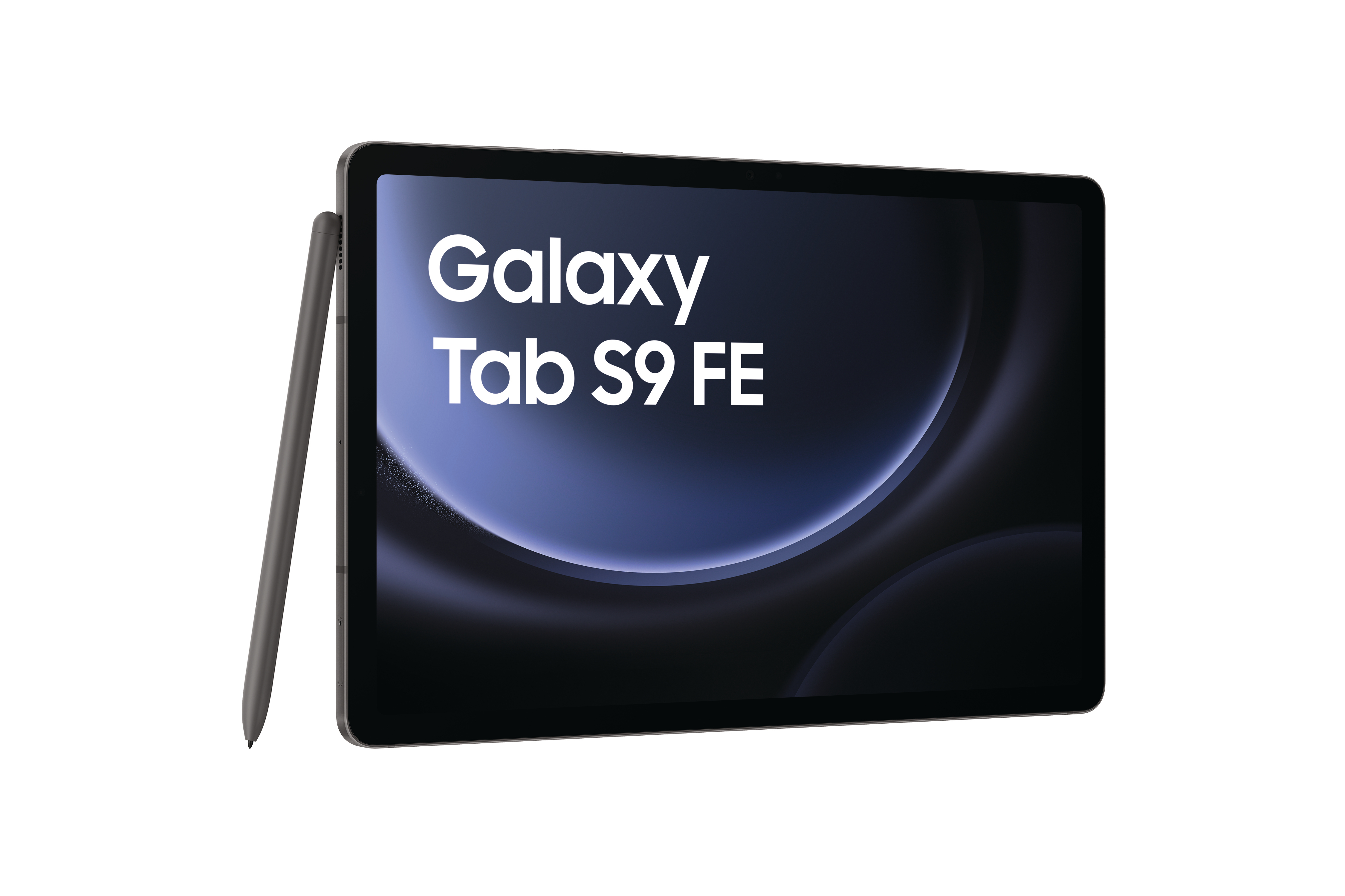 Tablet mit Stift, Text und dunklem Hintergrund, auf weißem Hintergrund.