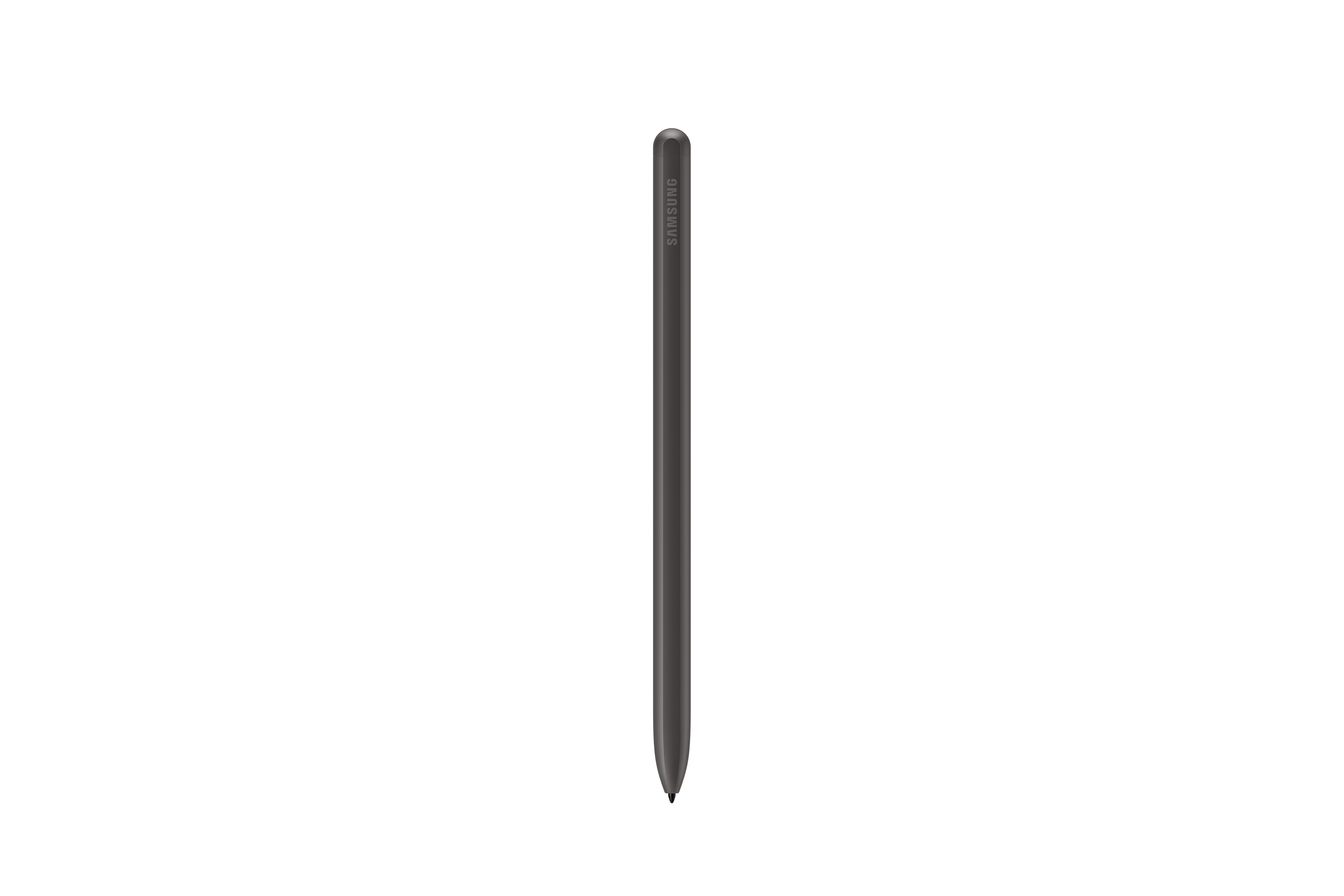 Samsung-Eingabestift, dunkelgrau, vertikal, auf weißem Hintergrund.