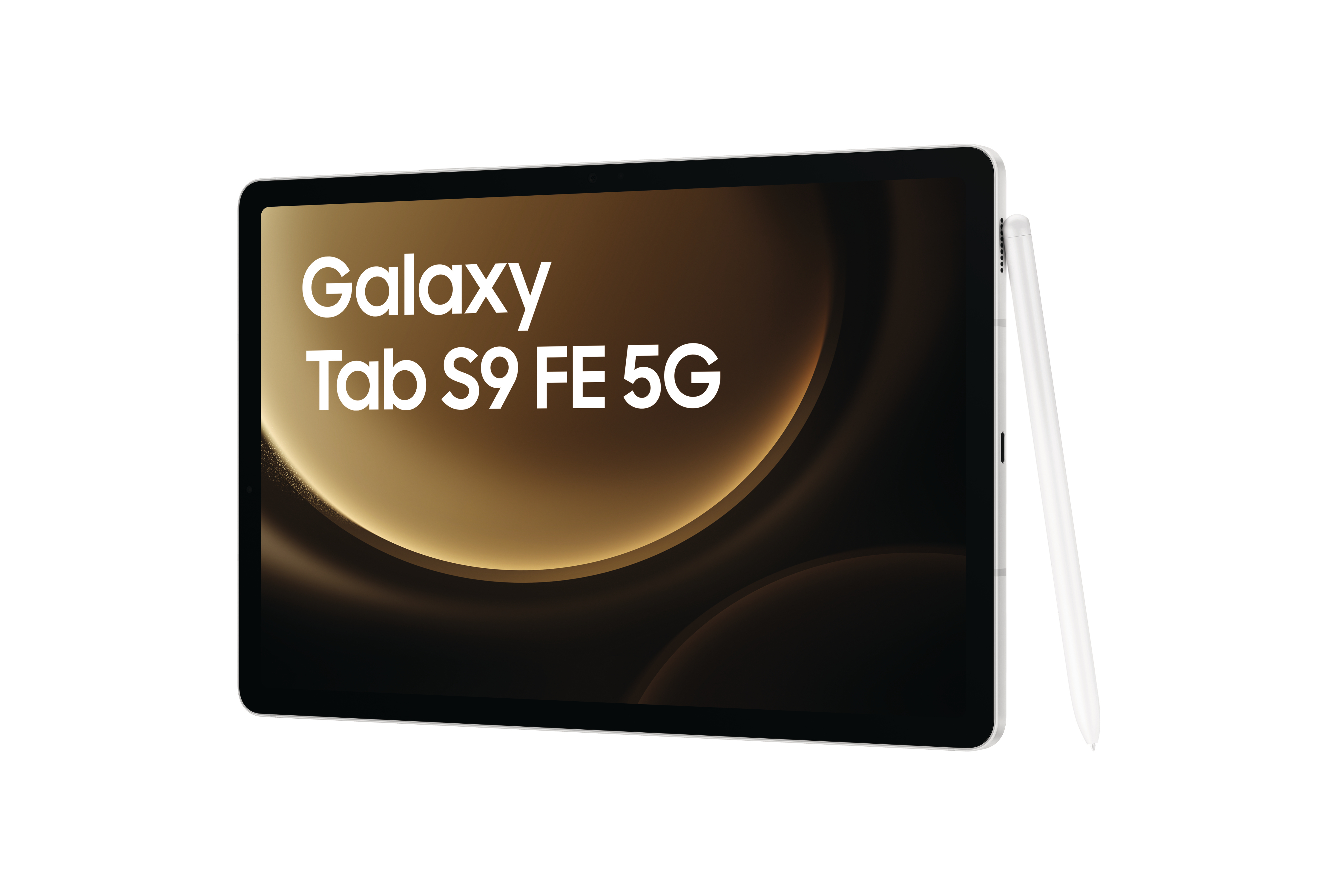 Tablet mit Stift, zeigt 'Galaxy Tab S9 FE 5G'. Weißer Hintergrund.