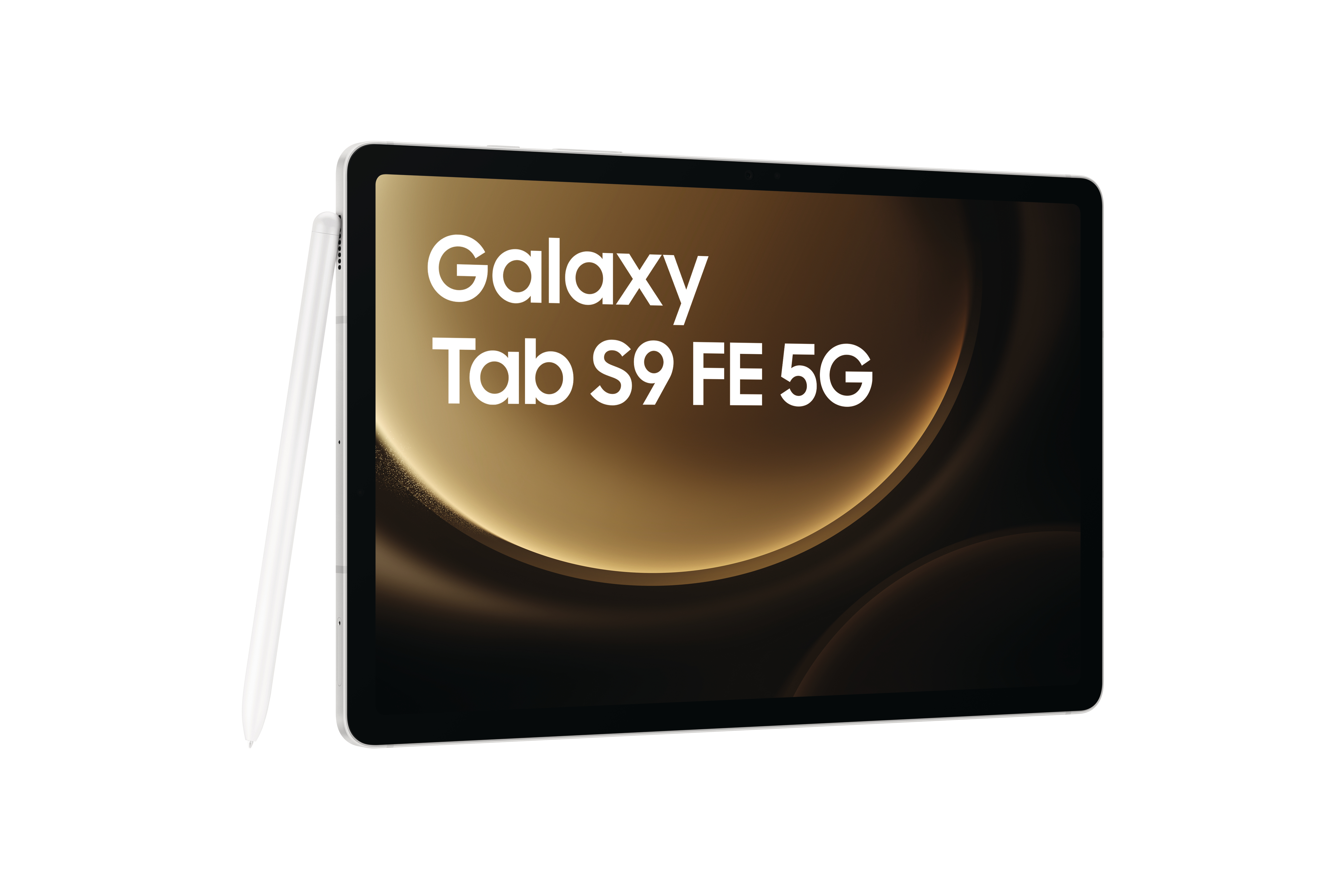 Ein graues Galaxy Tab S9 FE 5G Tablet mit einem weißen Stift an der Seite.