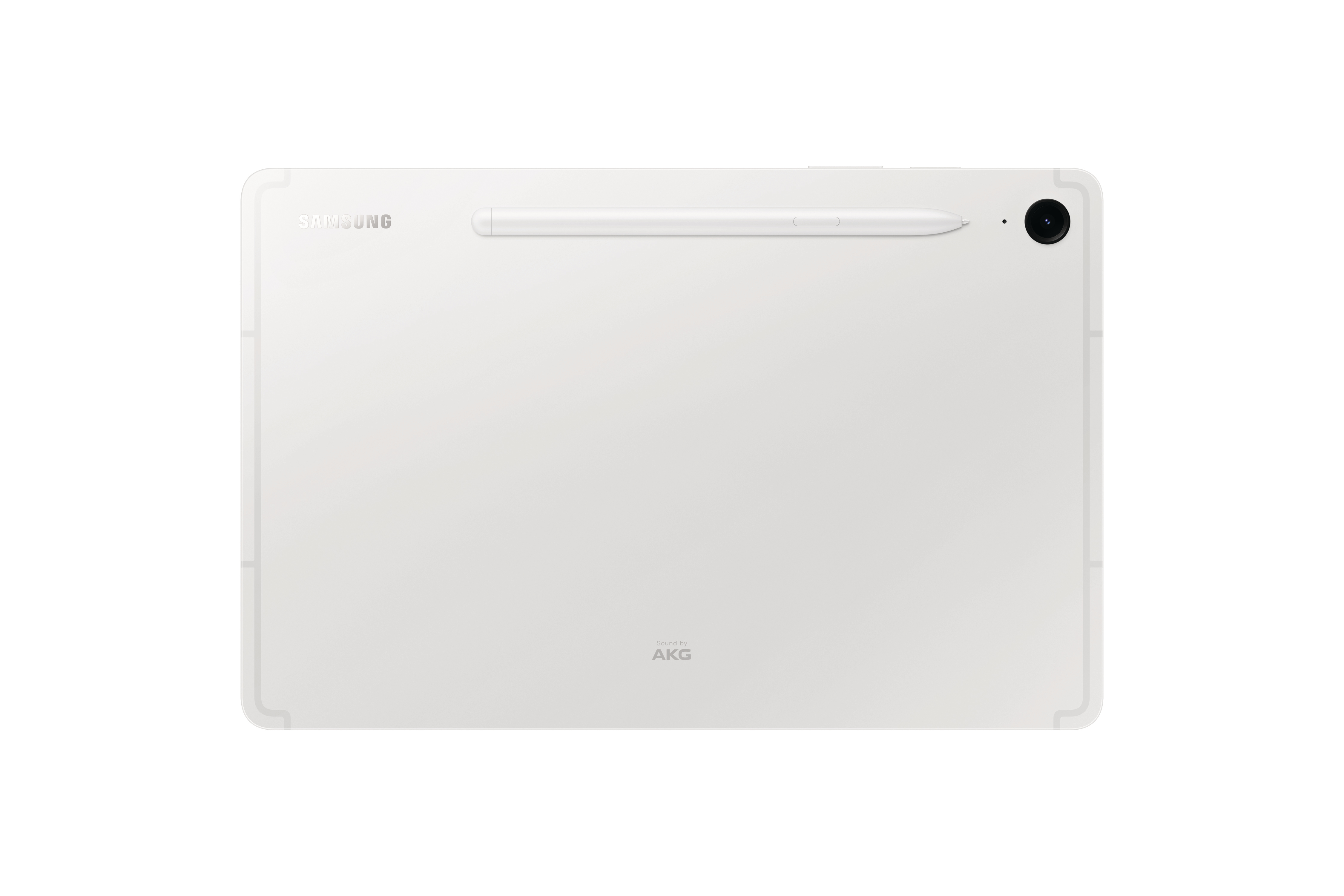Rückseite eines weißen Tablets mit Stift und Kamera, Markenname sichtbar.
