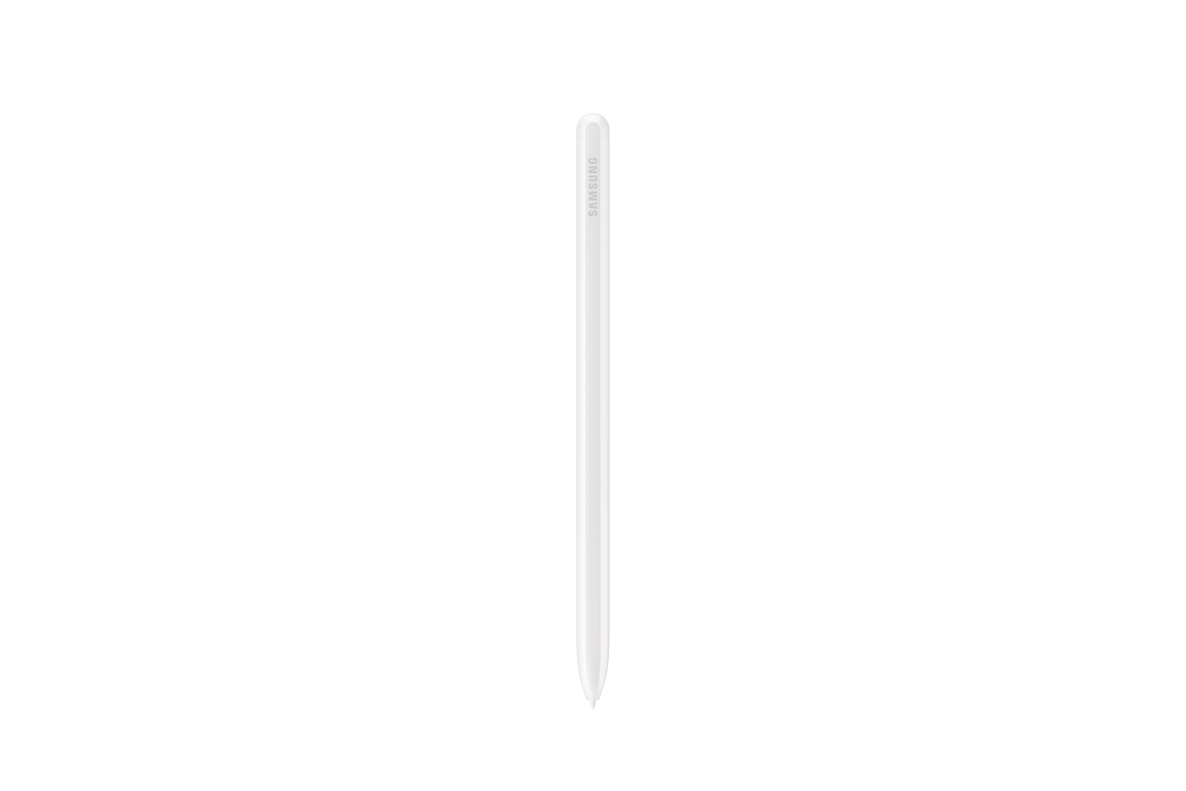 Ein weißer Samsung Eingabestift auf weißem Hintergrund.