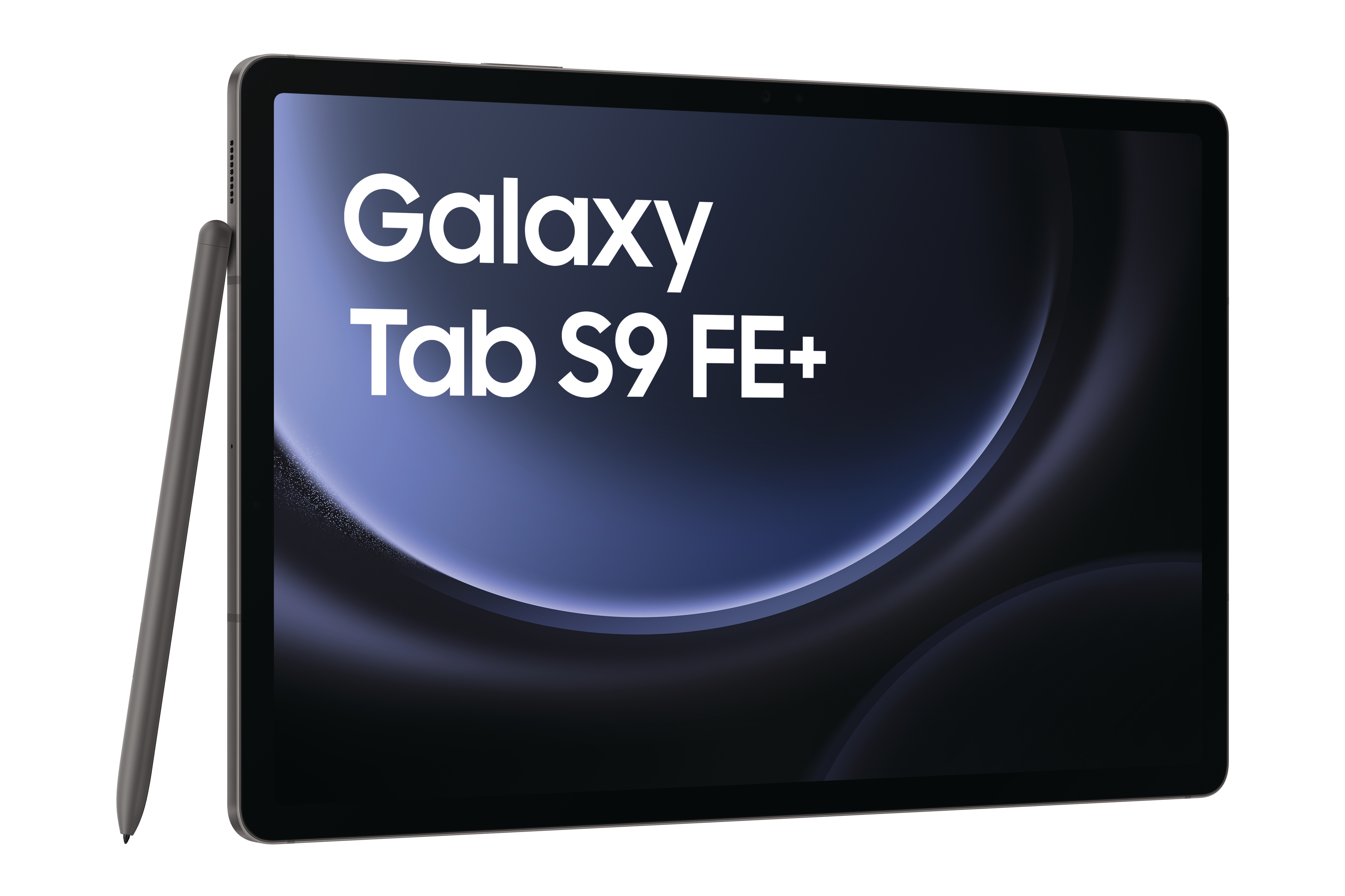 Tablet Galaxy Tab S9 FE+ mit Stylus. Display zeigt dunklen Blau- und Lila-Farbverlauf, weißer Text.