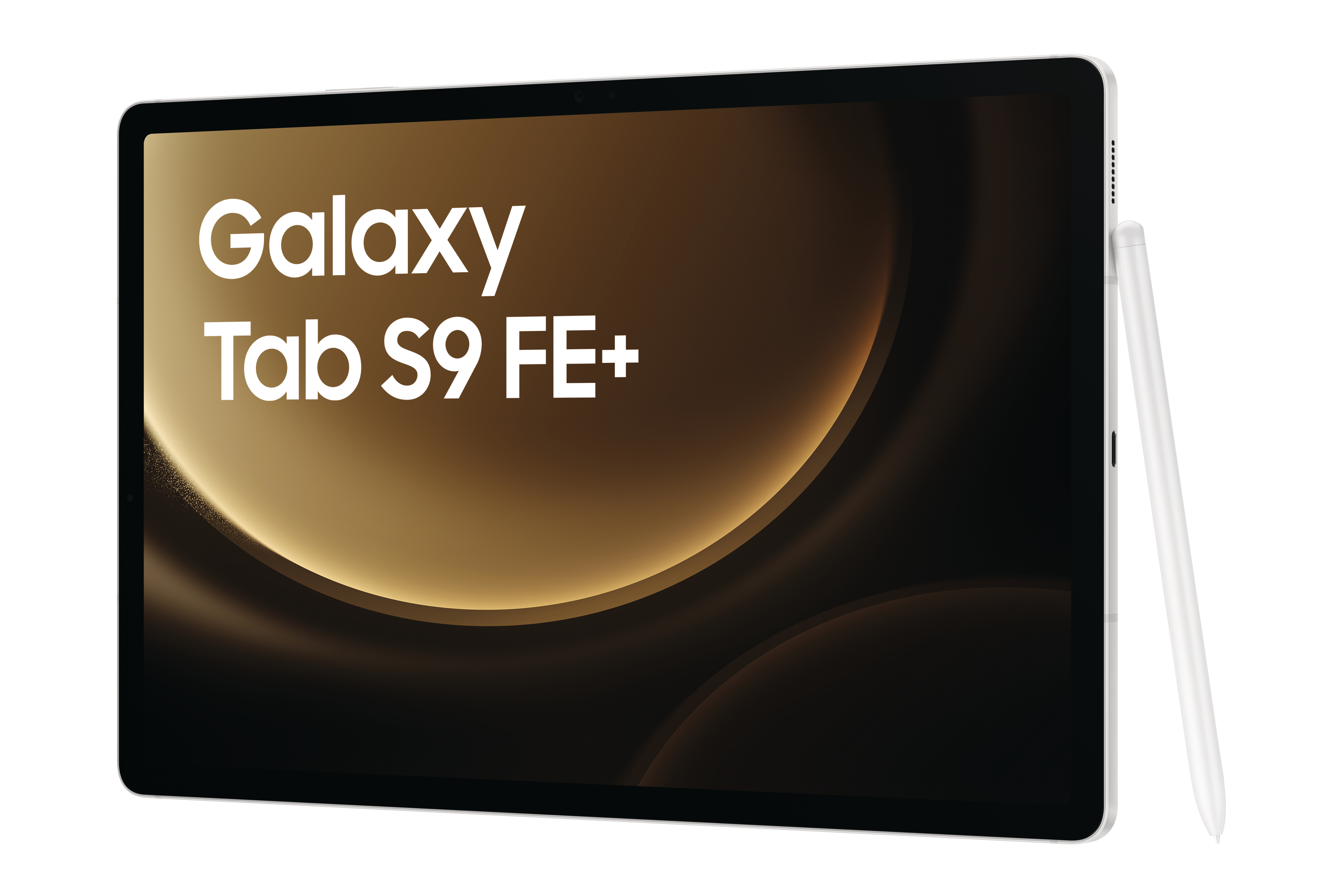Ein Tablet mit dem Text 'Galaxy Tab S9 FE+' auf dem Bildschirm. Ein Stift liegt daneben.