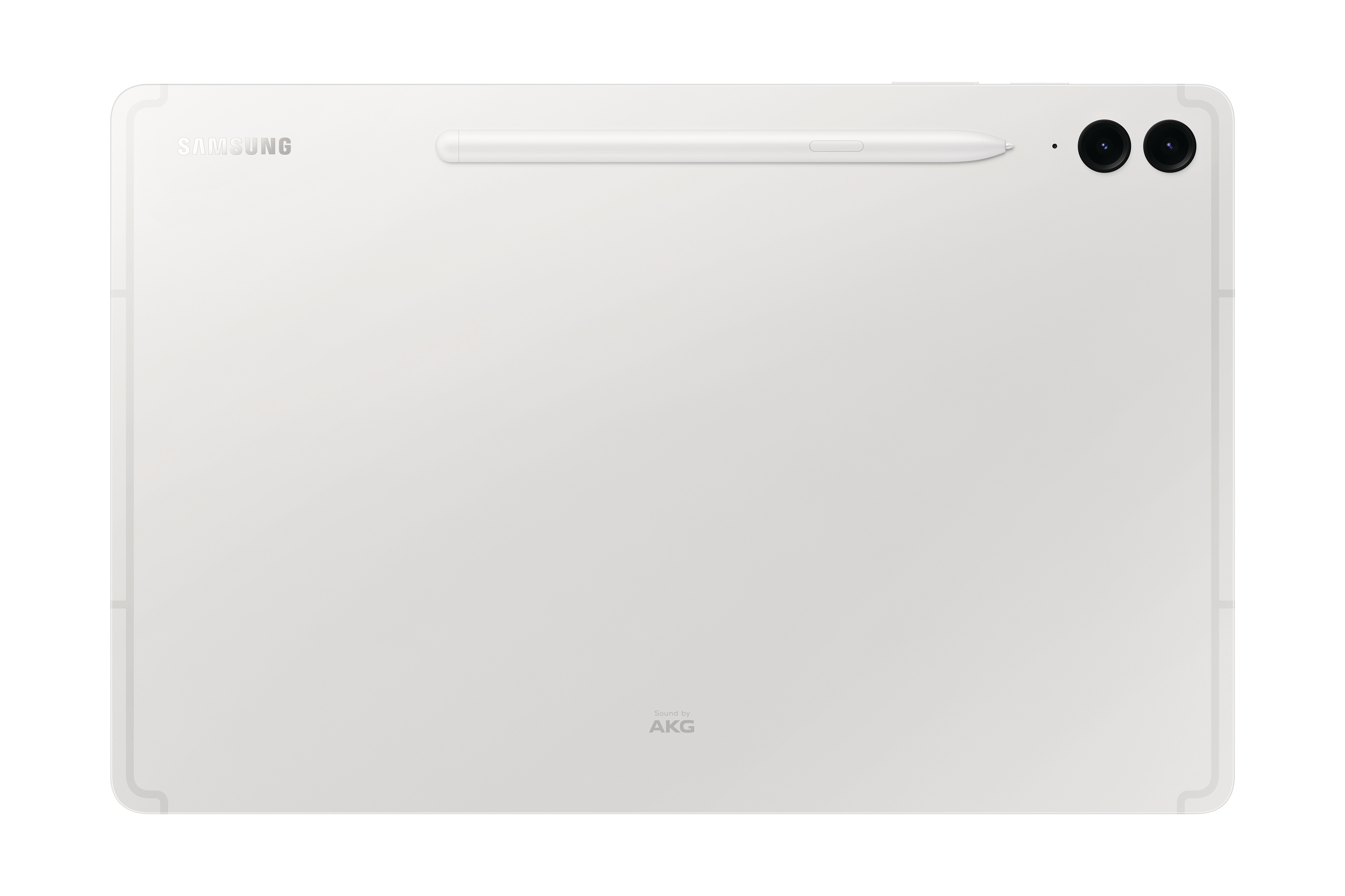 Weißes Tablet, Rückansicht. Stift oben, Dual-Kameraobjektiv. Samsung- und AKG-Logos sichtbar.