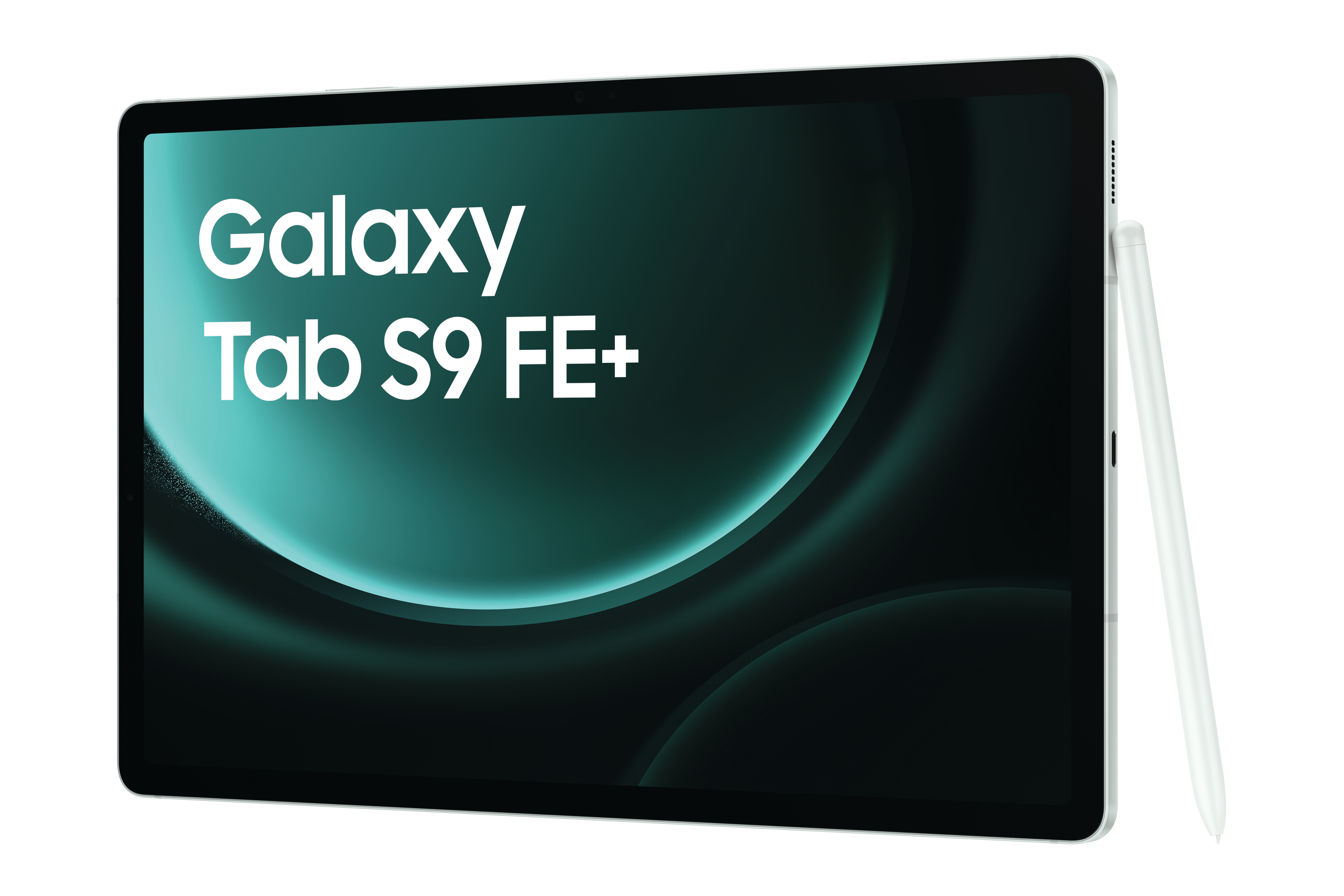 Tablet mit Text 'Galaxy Tab S9 FE+' und einem Stift.