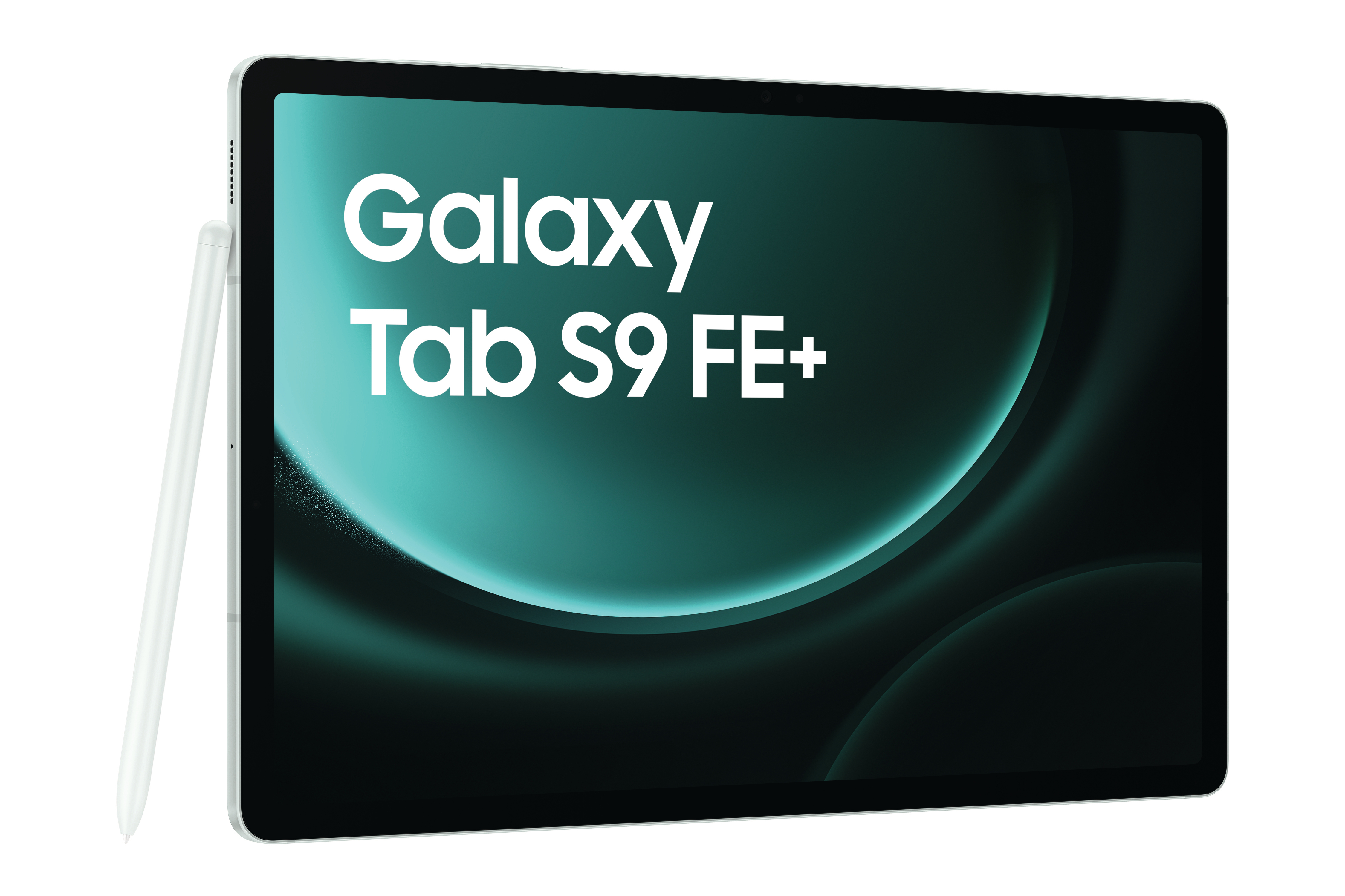 Ein weißes Tablet mit Stift. Auf dem Bildschirm steht 'Galaxy Tab S9 FE+'.