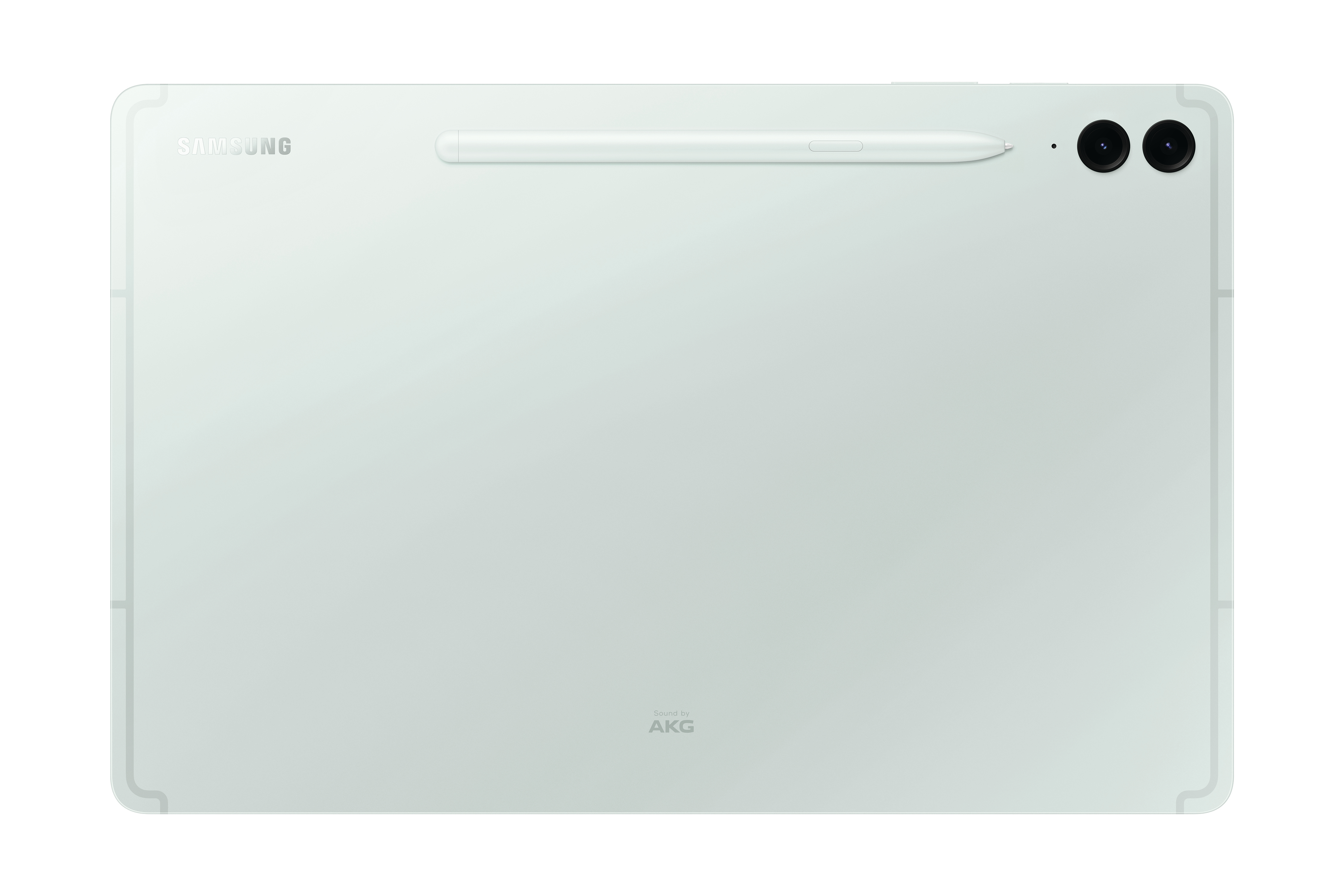 Draufsicht auf ein weißes Tablet mit befestigtem Stift und zwei Kameras.