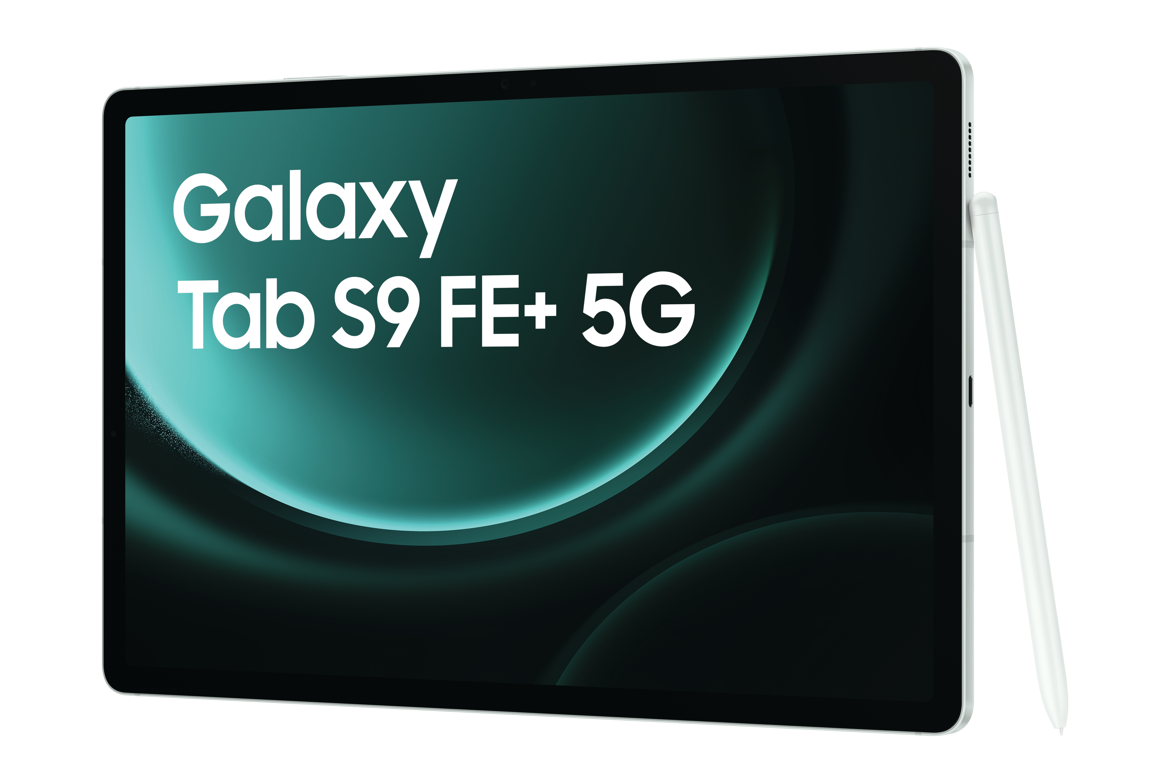 Ein weißes Samsung-Tablet mit Stift, Text auf dem Bildschirm: "Galaxy Tab S9 FE+ 5G".