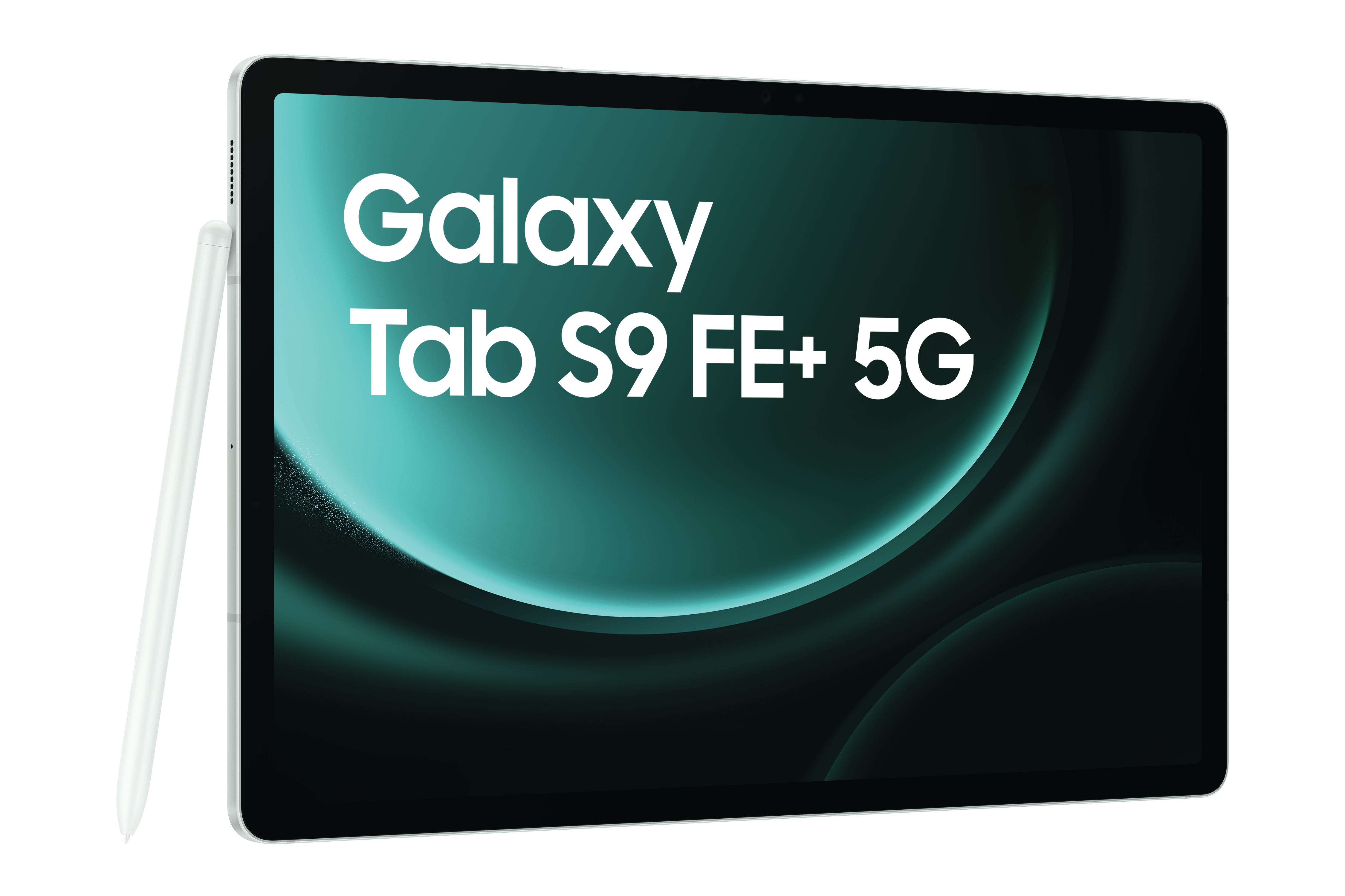Ein weißes Tablet mit Stift, der Bildschirm zeigt Text: Galaxy Tab S9 FE+ 5G.
