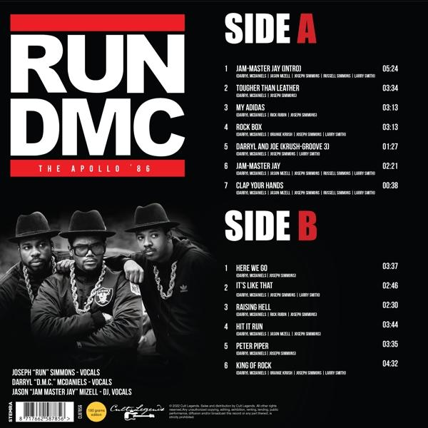 Run DMC album hátlapja. Dalsor, a zenekar tagjai és az album részletei fehér háttéren.