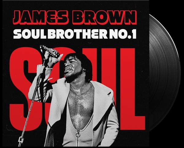 James Brown 'Soul Brother No. 1' album borítója. James Brownt, mikrofont, piros 'SOUL' szöveget és egy bakelit lemezt ábrázol.