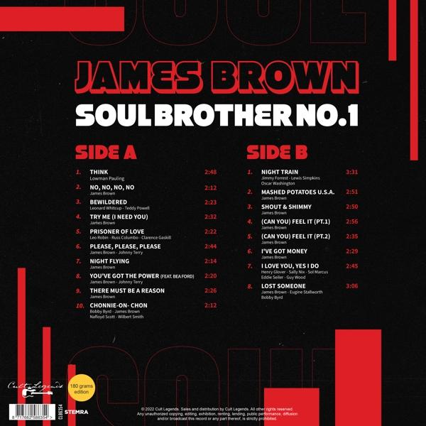 James Brown Soul Brother No. 1 album borítója. Piros szöveg feketén, dalcímekkel és időtartamokkal.