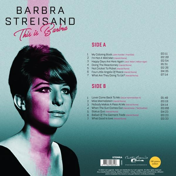Barbra Streisand 'This is Barbra' című albumának borítója, rajta az arcával és a dalcímekkel.