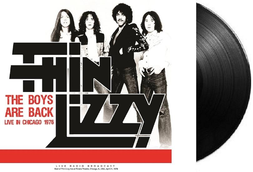 Album borító: Thin Lizzy együttes tagjai, fekete-fehér. A szöveg a következőt írja: 'The Boys Are Back'. Egy bakelit lemez jobbra.